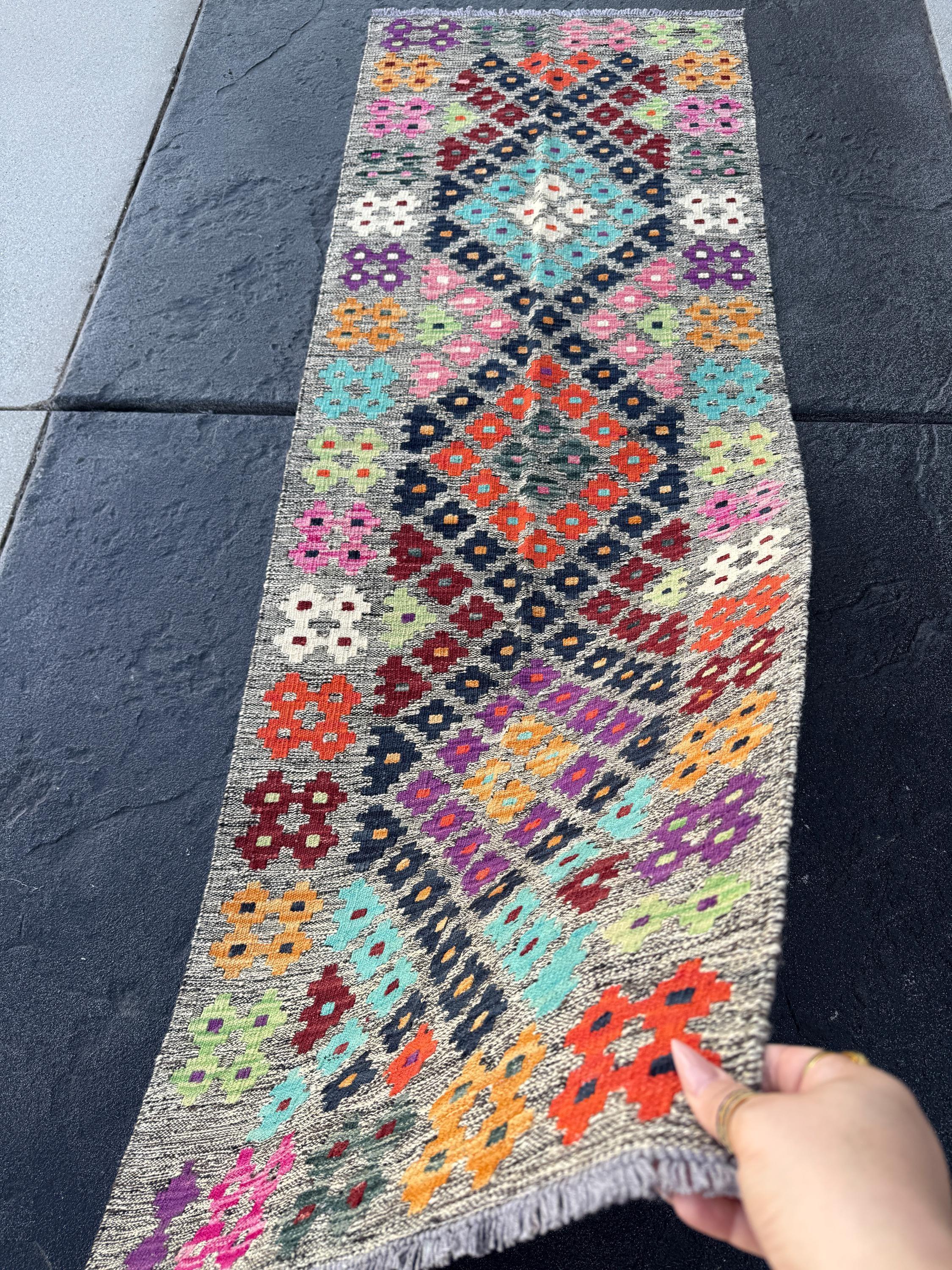 2x6 (60x182) Handmade Afghan Kilim Runner Rug | Grey Black Aqua Prussian Blue Mint Green Wine Red Orange Peach Purple White Cream Pink Wool