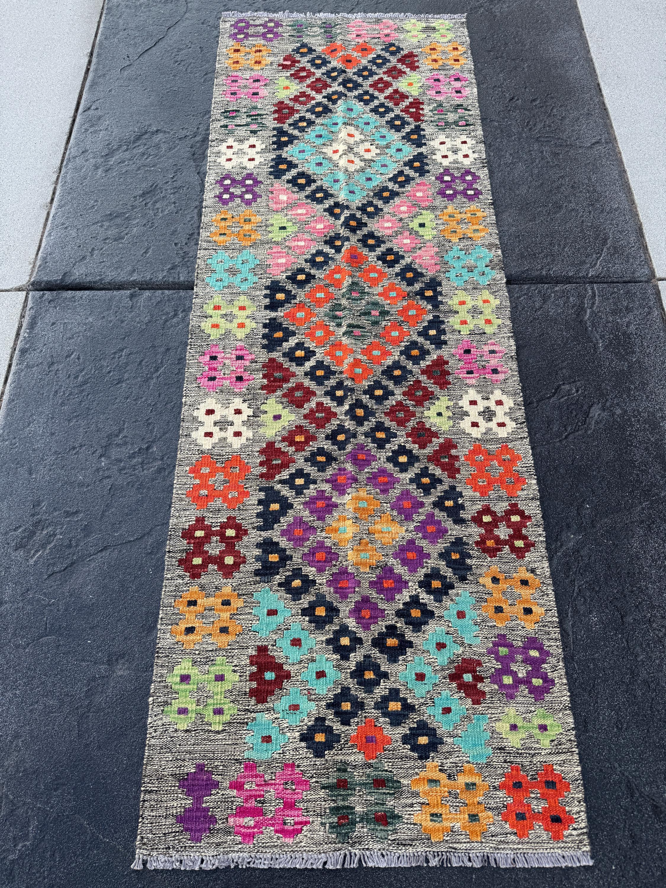 2x6 (60x182) Handmade Afghan Kilim Runner Rug | Grey Black Aqua Prussian Blue Mint Green Wine Red Orange Peach Purple White Cream Pink Wool
