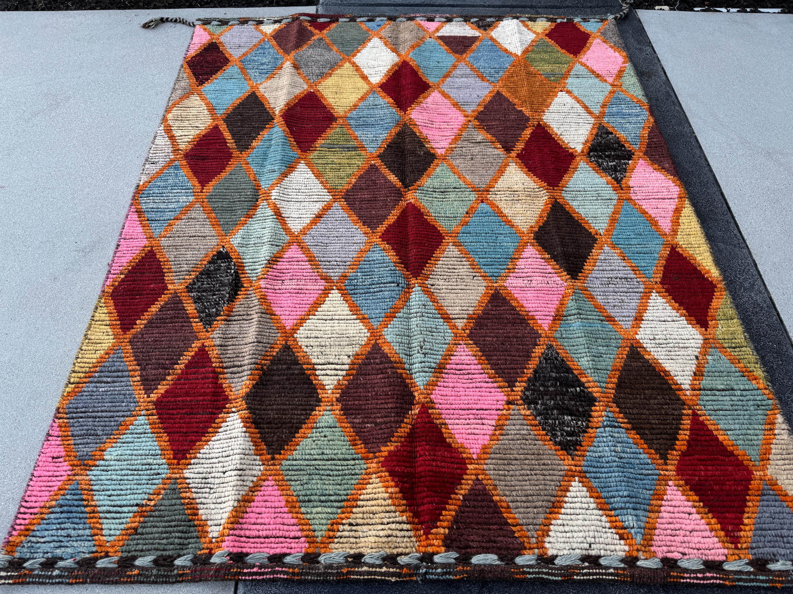 5x6 Handmade Afghan Moroccan Rug | Burnt Rust Orange Garnet Red Denim Sky Prussian Blue Forest Moss Green Pink Purple Yellow White Black Tan