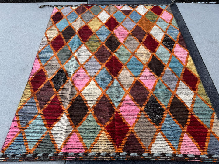 5x6 Handmade Afghan Moroccan Rug | Burnt Rust Orange Garnet Red Denim Sky Prussian Blue Forest Moss Green Pink Purple Yellow White Black Tan