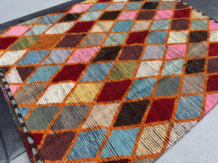 5x6 Handmade Afghan Moroccan Rug | Burnt Rust Orange Garnet Red Denim Sky Prussian Blue Forest Moss Green Pink Purple Yellow White Black Tan