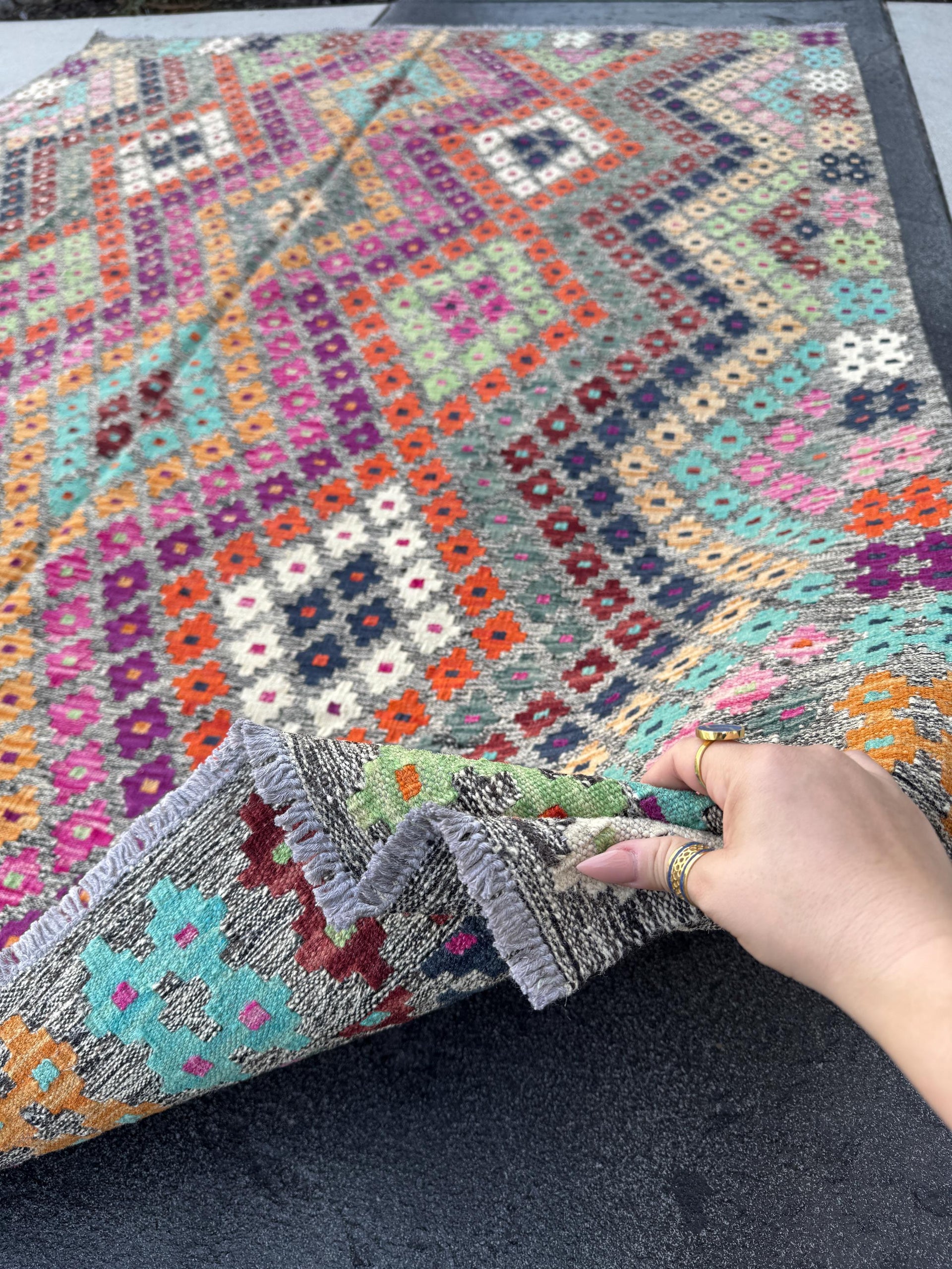 6x8 Handmade Afghan Kilim Runner Rug | Grey White Navy Aqua Midnight Blue Fuchsia Baby Pink Burnt Peach Orange Tan Purple Mint Green Maroon