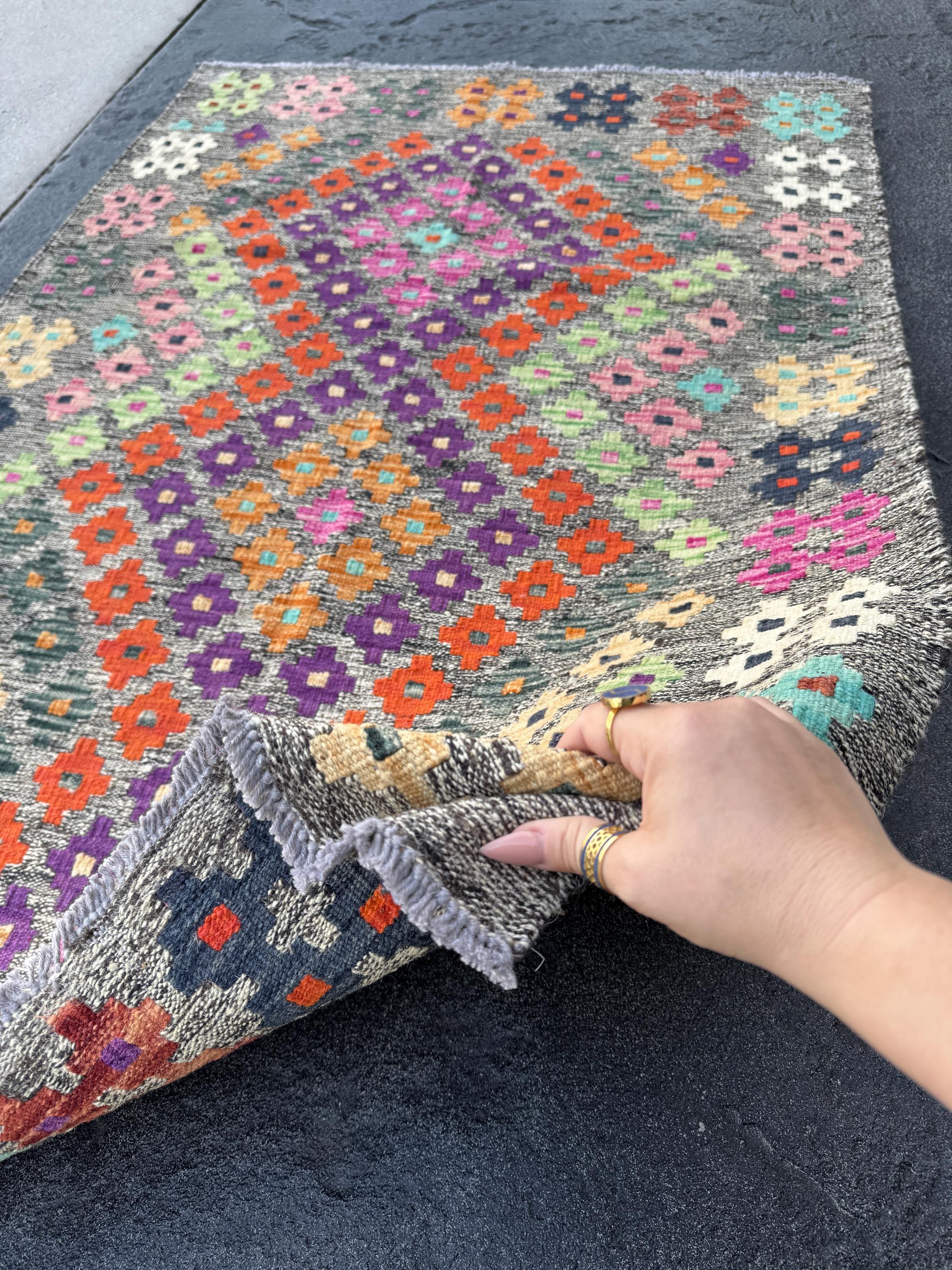 3x5 Handmade Afghan Kilim Runner Rug | Grey Midnight Navy Aqua Blue White Cream Baby Fuchsia Pink Burnt Orange Mint Green Purple Wine Red