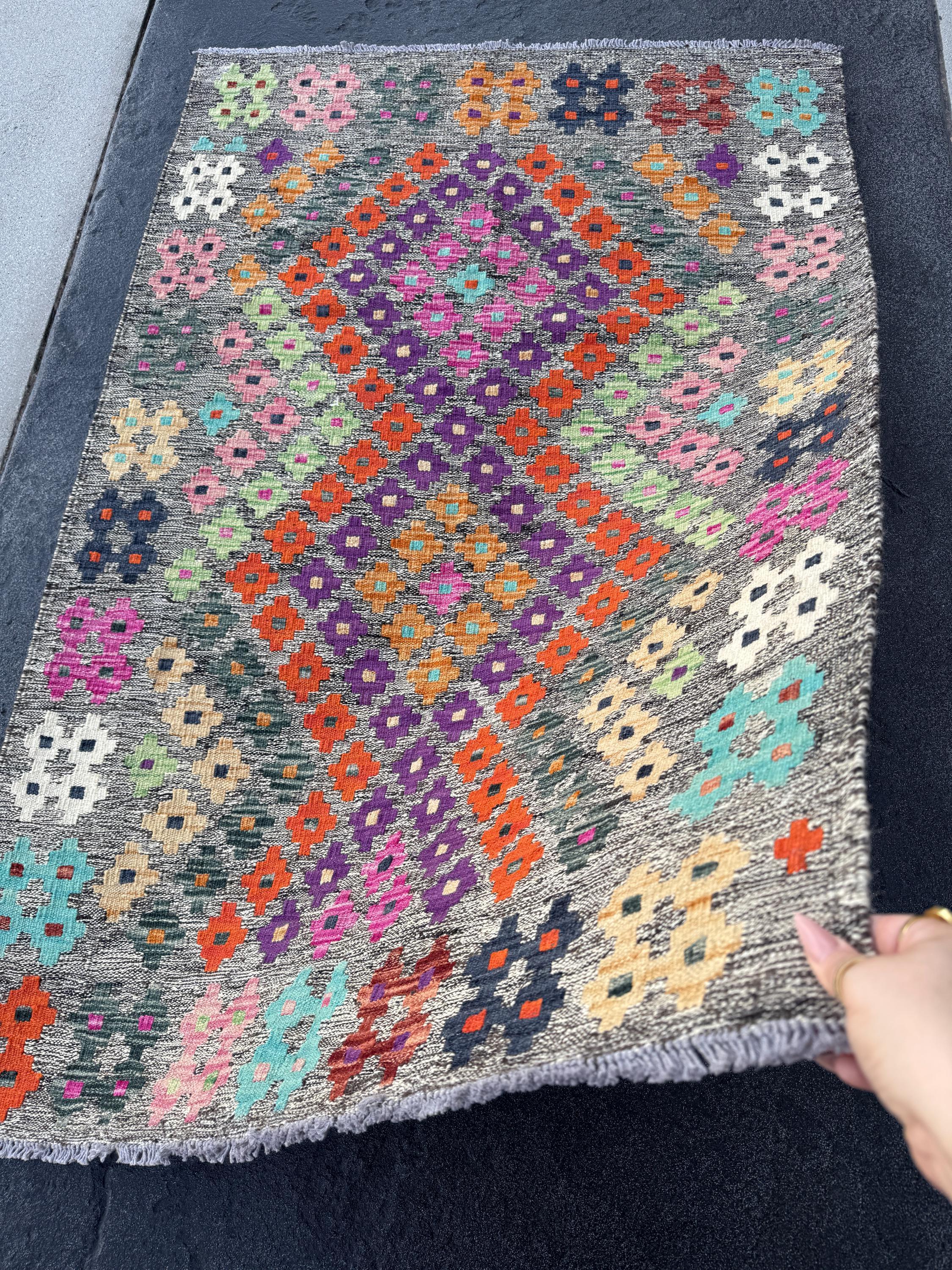 3x5 Handmade Afghan Kilim Runner Rug | Grey Midnight Navy Aqua Blue White Cream Baby Fuchsia Pink Burnt Orange Mint Green Purple Wine Red