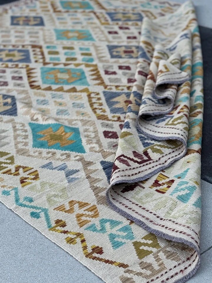 7x10 Handmade Afghan Kilim Runner Rug | Sand Cream Tan Taupe Moss Olive Green Aqua Denim Prussian Blue Wine Red Burnt Rust Orange Mustard
