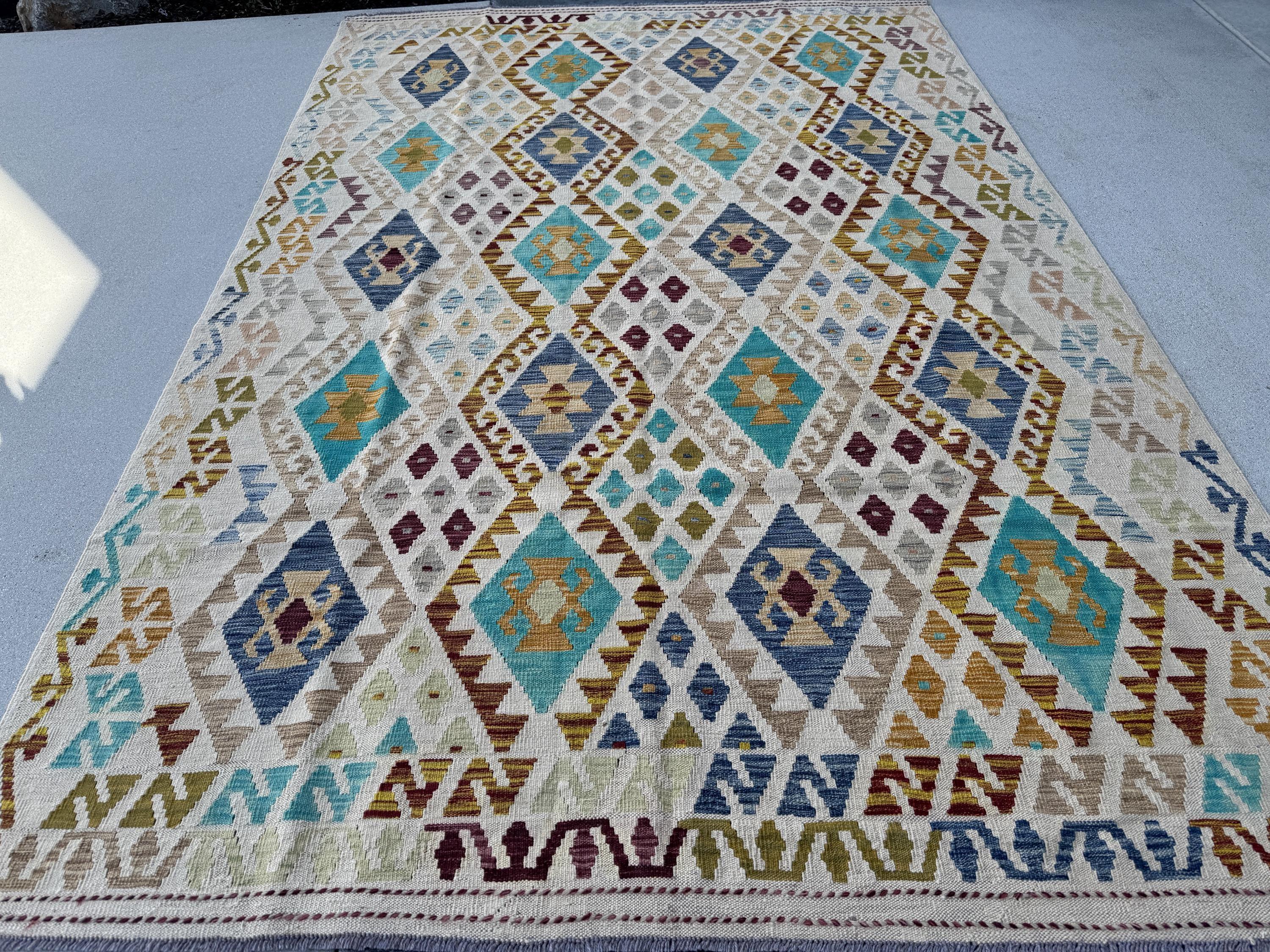 7x10 Handmade Afghan Kilim Runner Rug | Sand Cream Tan Taupe Moss Olive Green Aqua Denim Prussian Blue Wine Red Burnt Rust Orange Mustard