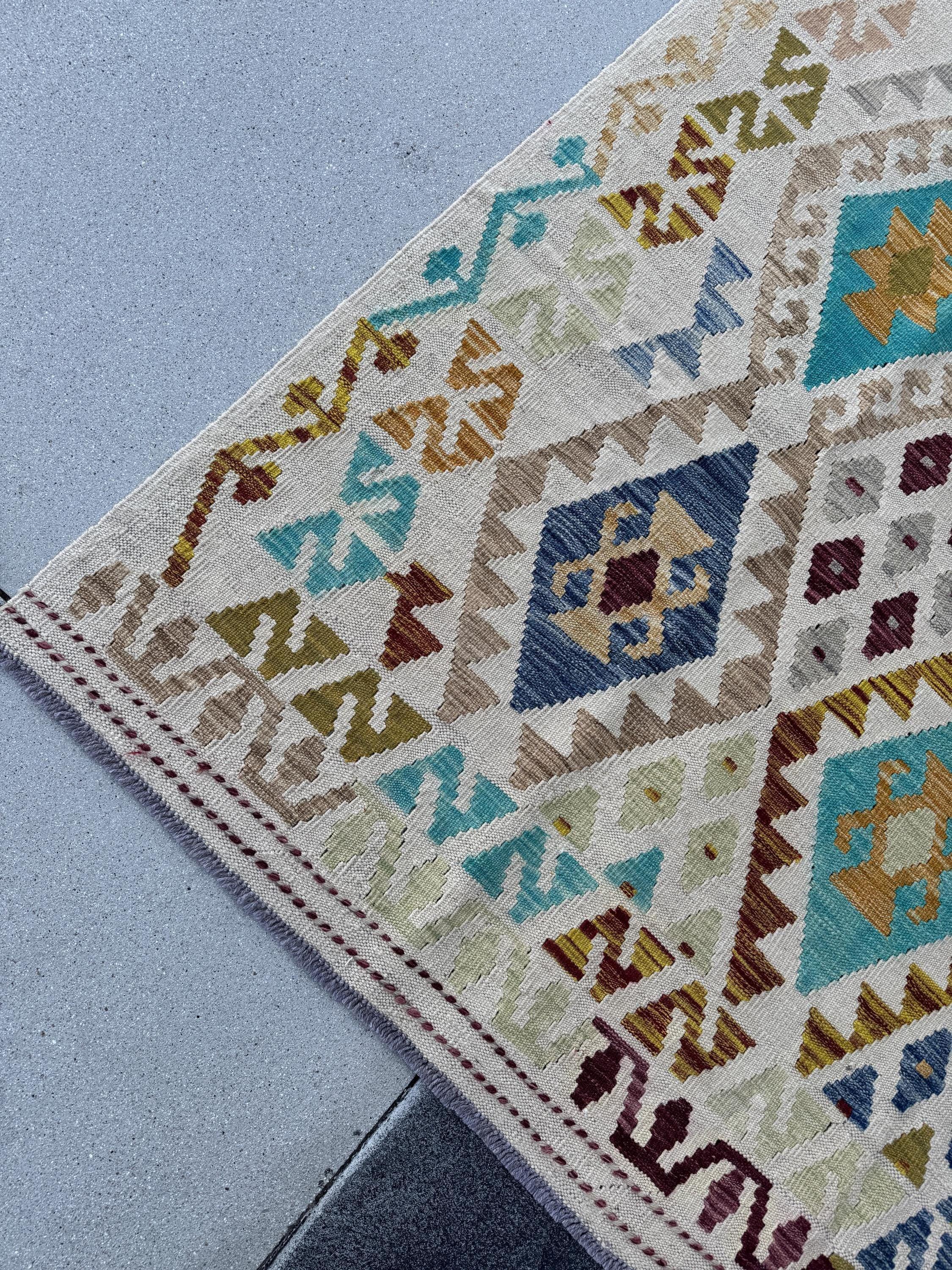 7x10 Handmade Afghan Kilim Runner Rug | Sand Cream Tan Taupe Moss Olive Green Aqua Denim Prussian Blue Wine Red Burnt Rust Orange Mustard