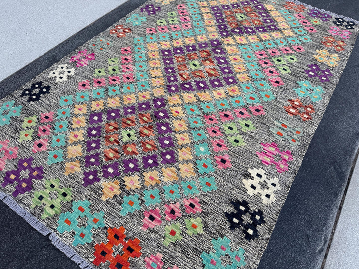 3x5 Handmade Afghan Kilim Runner Rug | Grey Black Cream Blush Baby Pink Peach Burnt Orange Purple Mint Green Aqua Midnight Blue | Wool