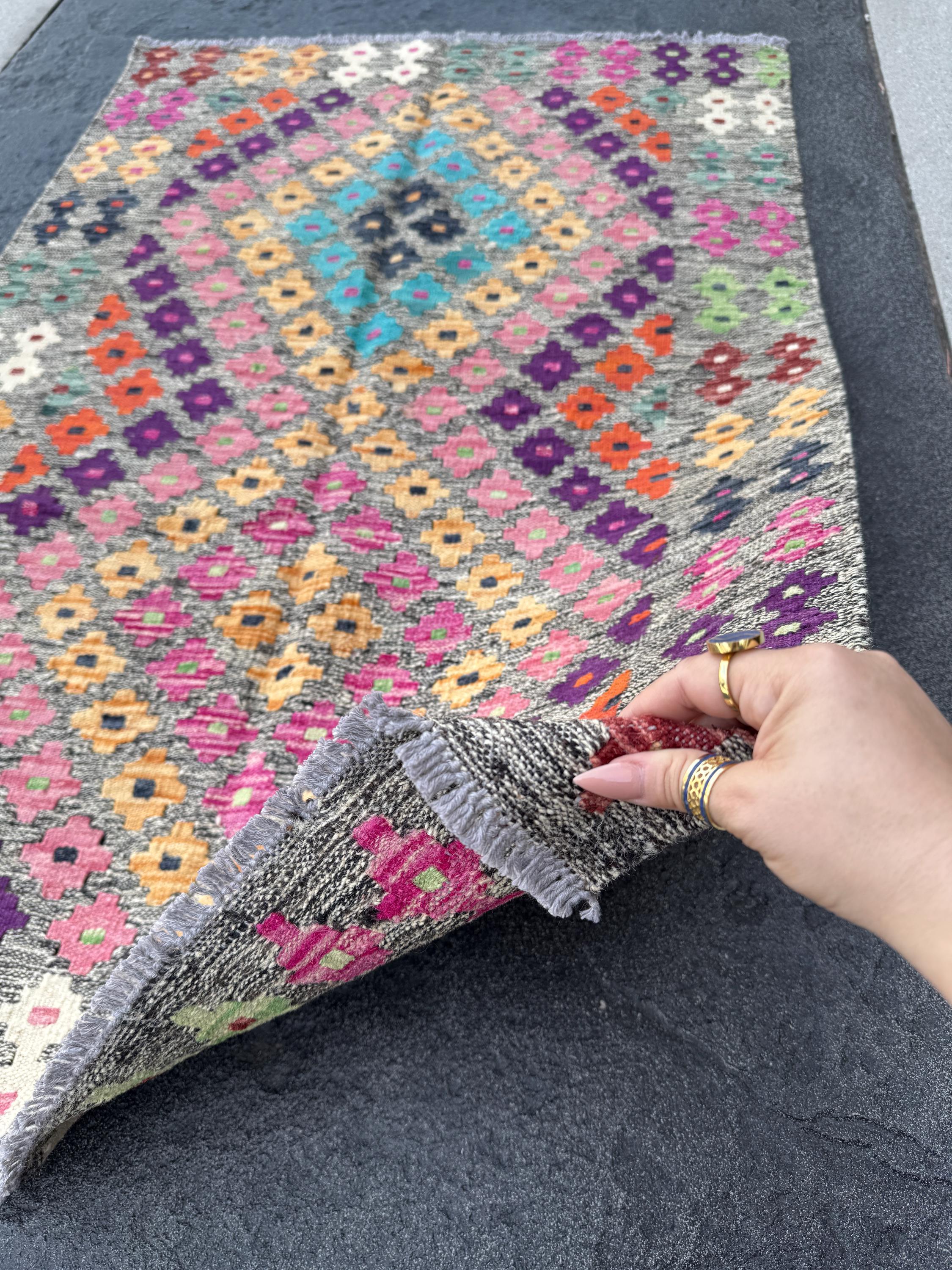 3x5 Handmade Afghan Kilim Runner Rug | Grey Aqua Teal Blue Peach Orange White Cream Fuchsia Blush Pink Black Purple Mint Green Wine Red