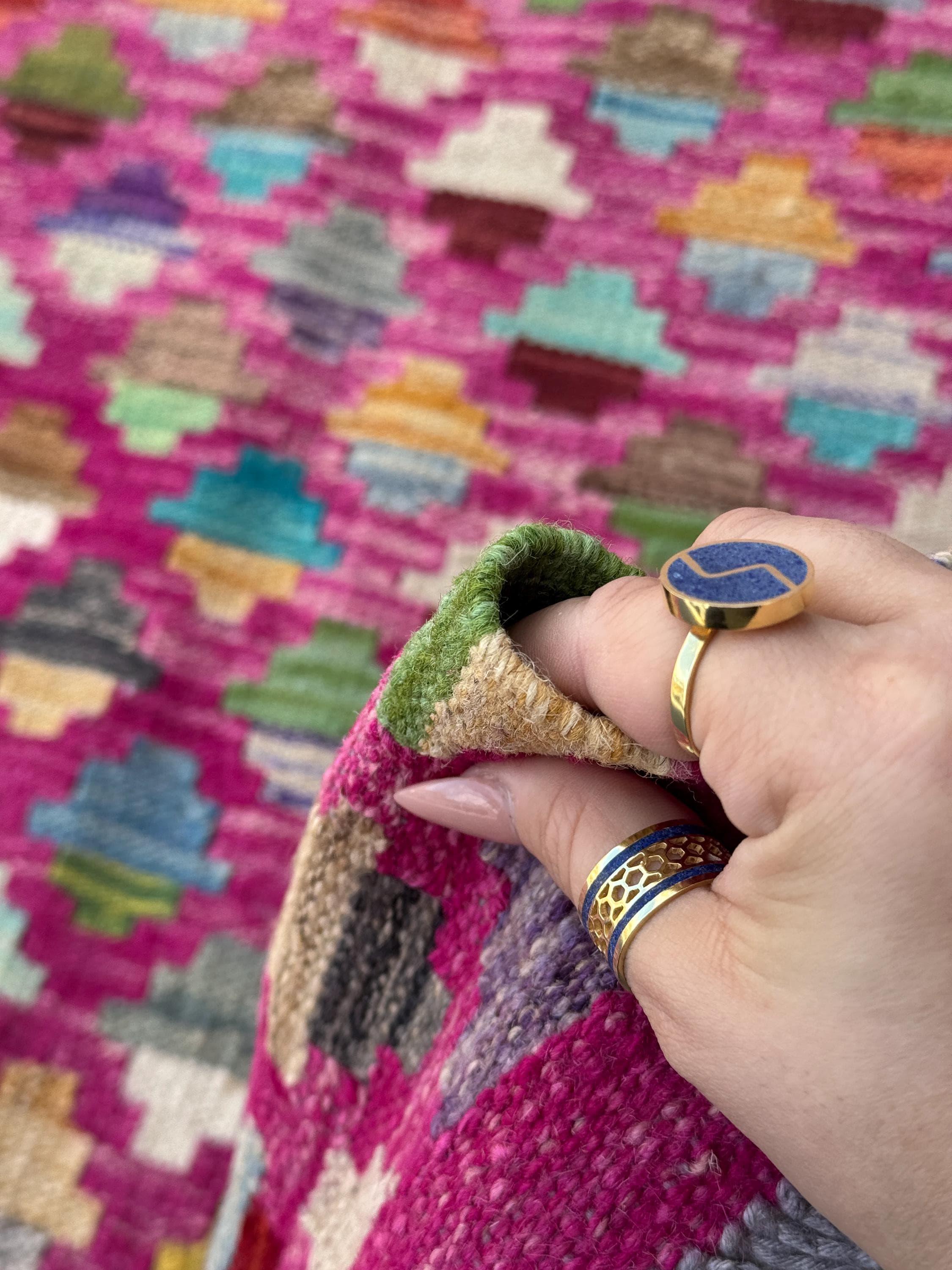 6x8 (182x243) Handmade Afghan Kilim Rug | Fuchsia Salmon Blush Pink Denim Navy Midnight Blue Yellow Moss Forest Green Teal White Cream Red