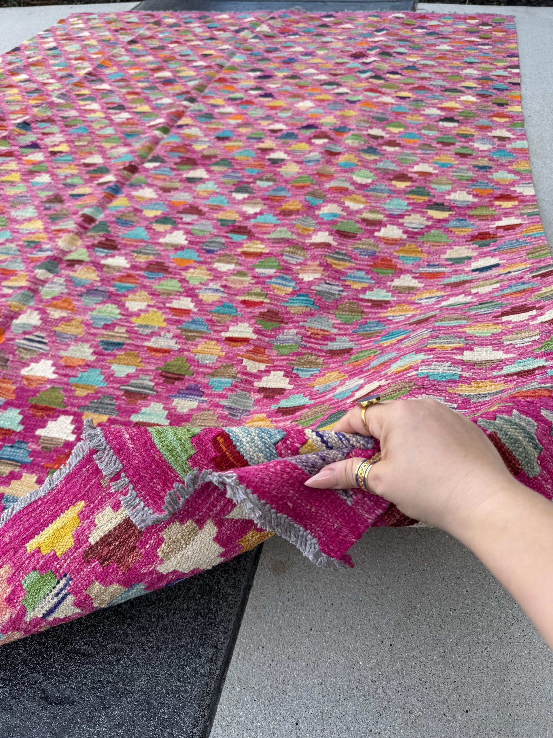 6x8 (182x243) Handmade Afghan Kilim Rug | Fuchsia Salmon Blush Pink Denim Navy Midnight Blue Yellow Moss Forest Green Teal White Cream Red