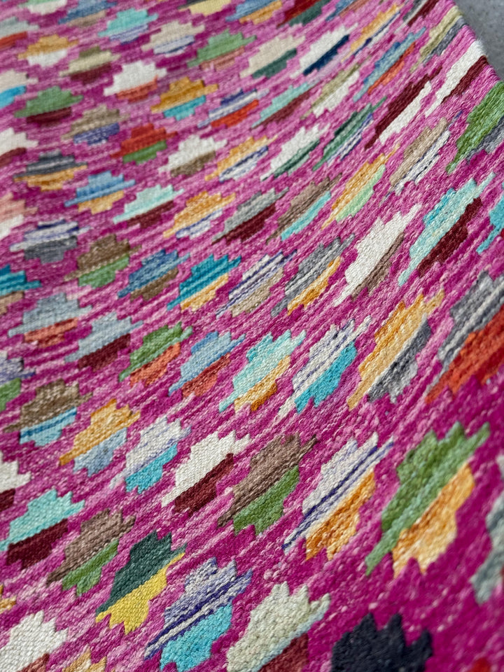 6x8 (182x243) Handmade Afghan Kilim Rug | Fuchsia Salmon Blush Pink Denim Navy Midnight Blue Yellow Moss Forest Green Teal White Cream Red