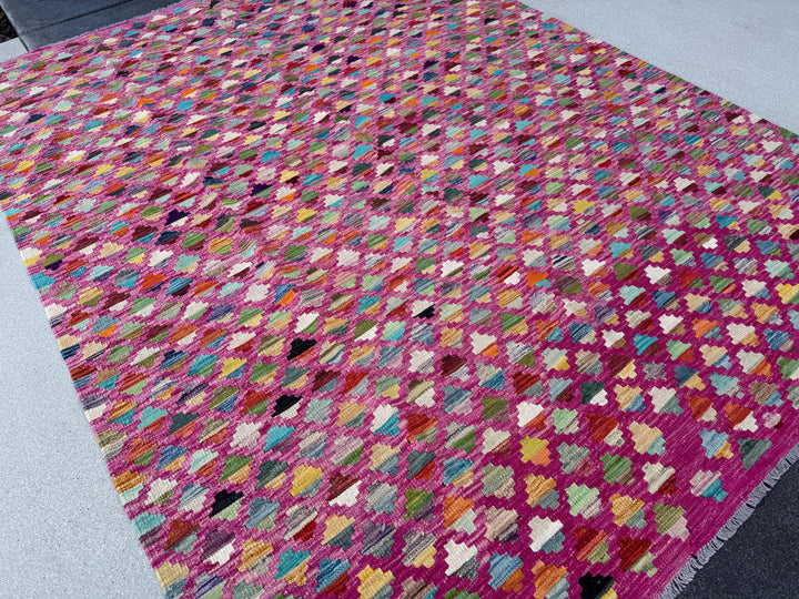 6x8 (182x243) Handmade Afghan Kilim Rug | Fuchsia Salmon Blush Pink Denim Navy Midnight Blue Yellow Moss Forest Green Teal White Cream Red