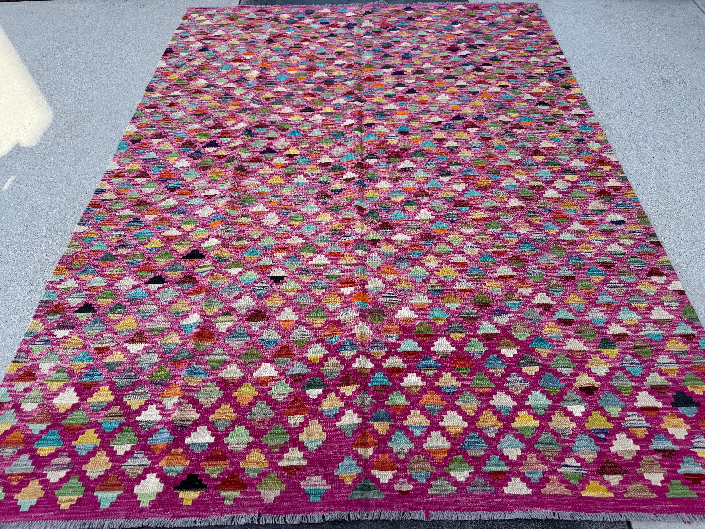 6x8 (182x243) Handmade Afghan Kilim Rug | Fuchsia Salmon Blush Pink Denim Navy Midnight Blue Yellow Moss Forest Green Teal White Cream Red