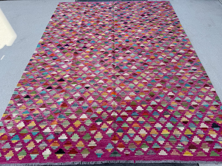 6x8 (182x243) Handmade Afghan Kilim Rug | Fuchsia Salmon Blush Pink Denim Navy Midnight Blue Yellow Moss Forest Green Teal White Cream Red