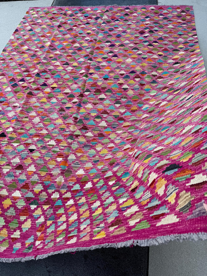 6x8 (182x243) Handmade Afghan Kilim Rug | Fuchsia Salmon Blush Pink Denim Navy Midnight Blue Yellow Moss Forest Green Teal White Cream Red