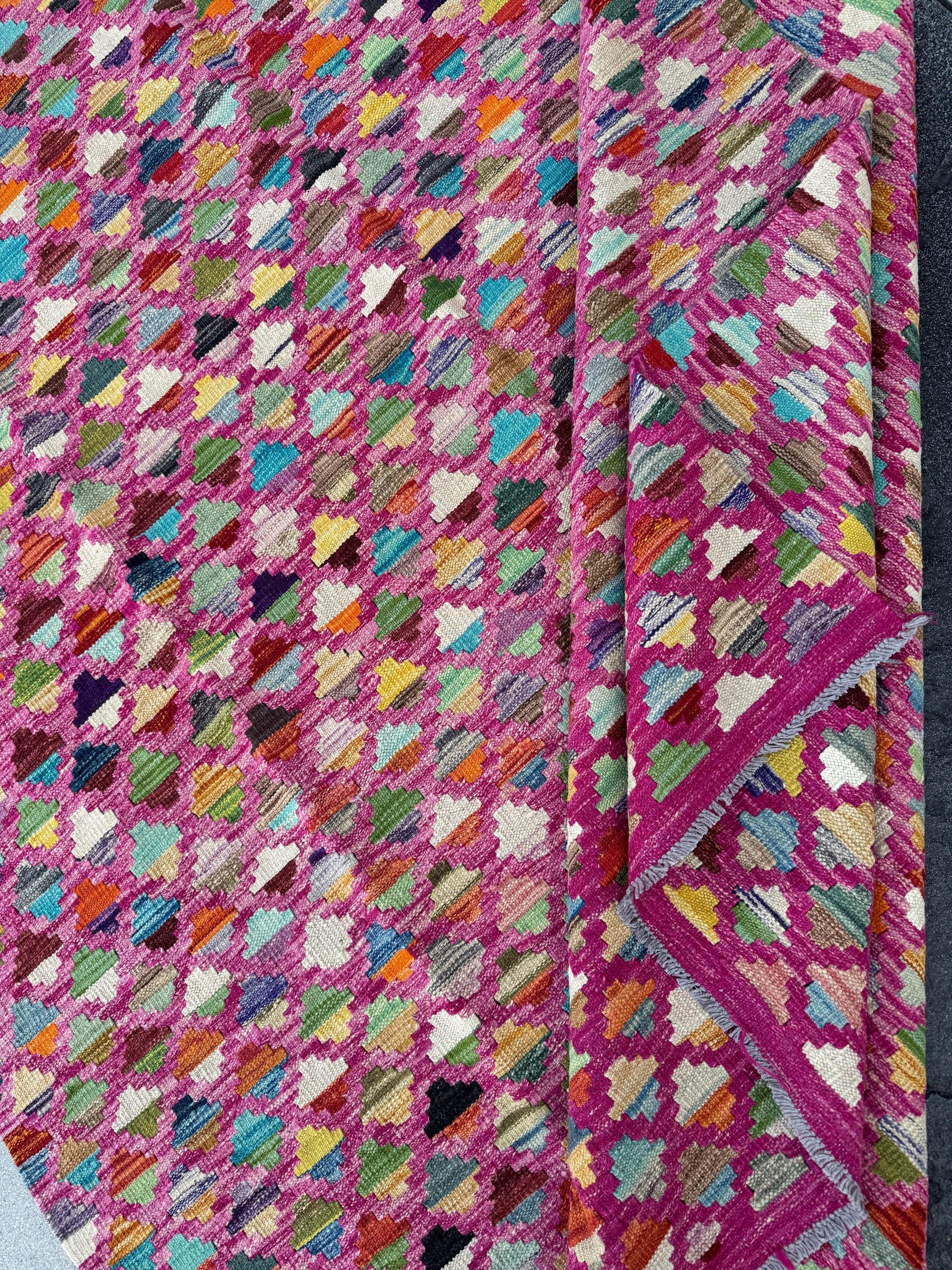 6x8 (182x243) Handmade Afghan Kilim Rug | Fuchsia Salmon Blush Pink Denim Navy Midnight Blue Yellow Moss Forest Green Teal White Cream Red