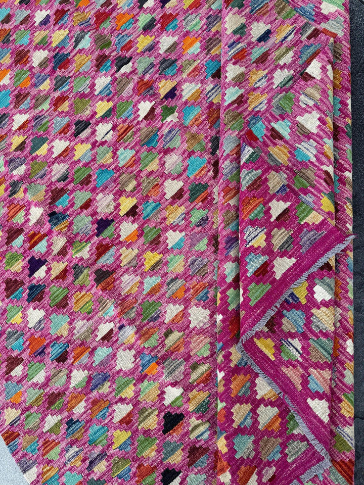 6x8 (182x243) Handmade Afghan Kilim Rug | Fuchsia Salmon Blush Pink Denim Navy Midnight Blue Yellow Moss Forest Green Teal White Cream Red