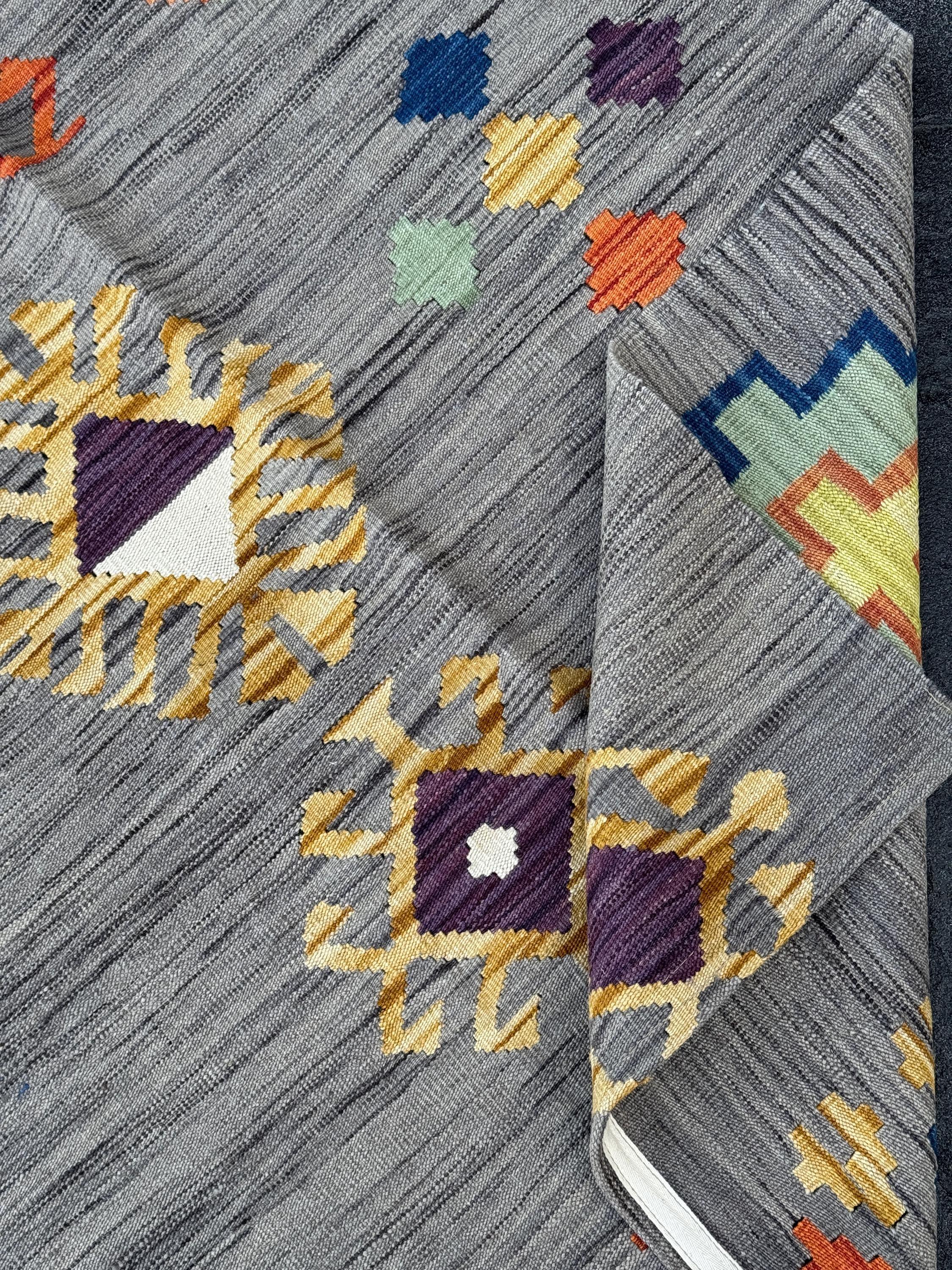 3x5 (91x152) Handmade Afghan Kilim Rug | Grey Charcoal Powder Denim Navy Blue Purple White Cream Yellow Orange Saffron | Wool Flatweave
