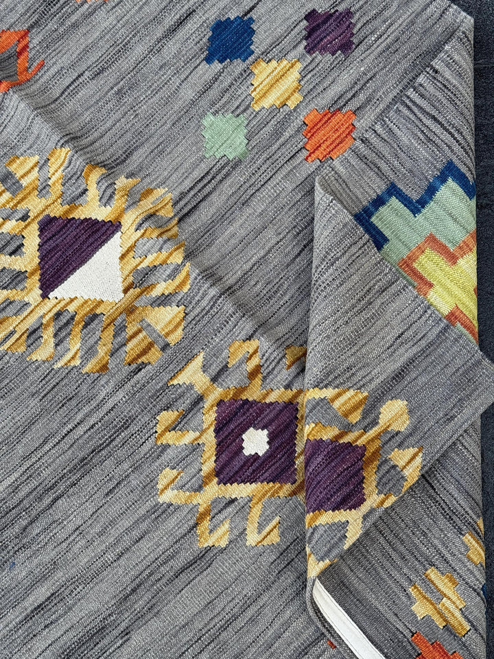 3x5 (91x152) Handmade Afghan Kilim Rug | Grey Charcoal Powder Denim Navy Blue Purple White Cream Yellow Orange Saffron | Wool Flatweave