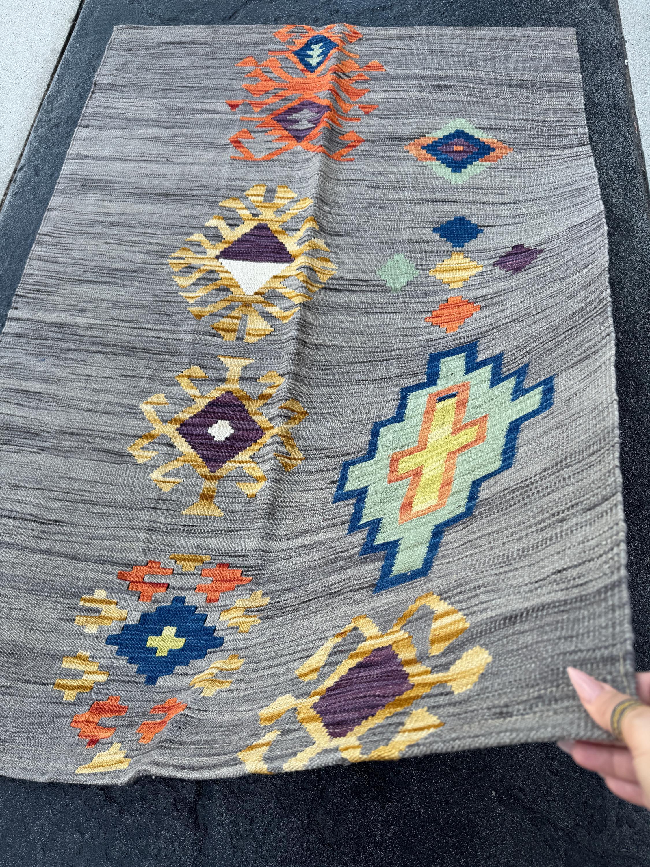 3x5 (91x152) Handmade Afghan Kilim Rug | Grey Charcoal Powder Denim Navy Blue Purple White Cream Yellow Orange Saffron | Wool Flatweave