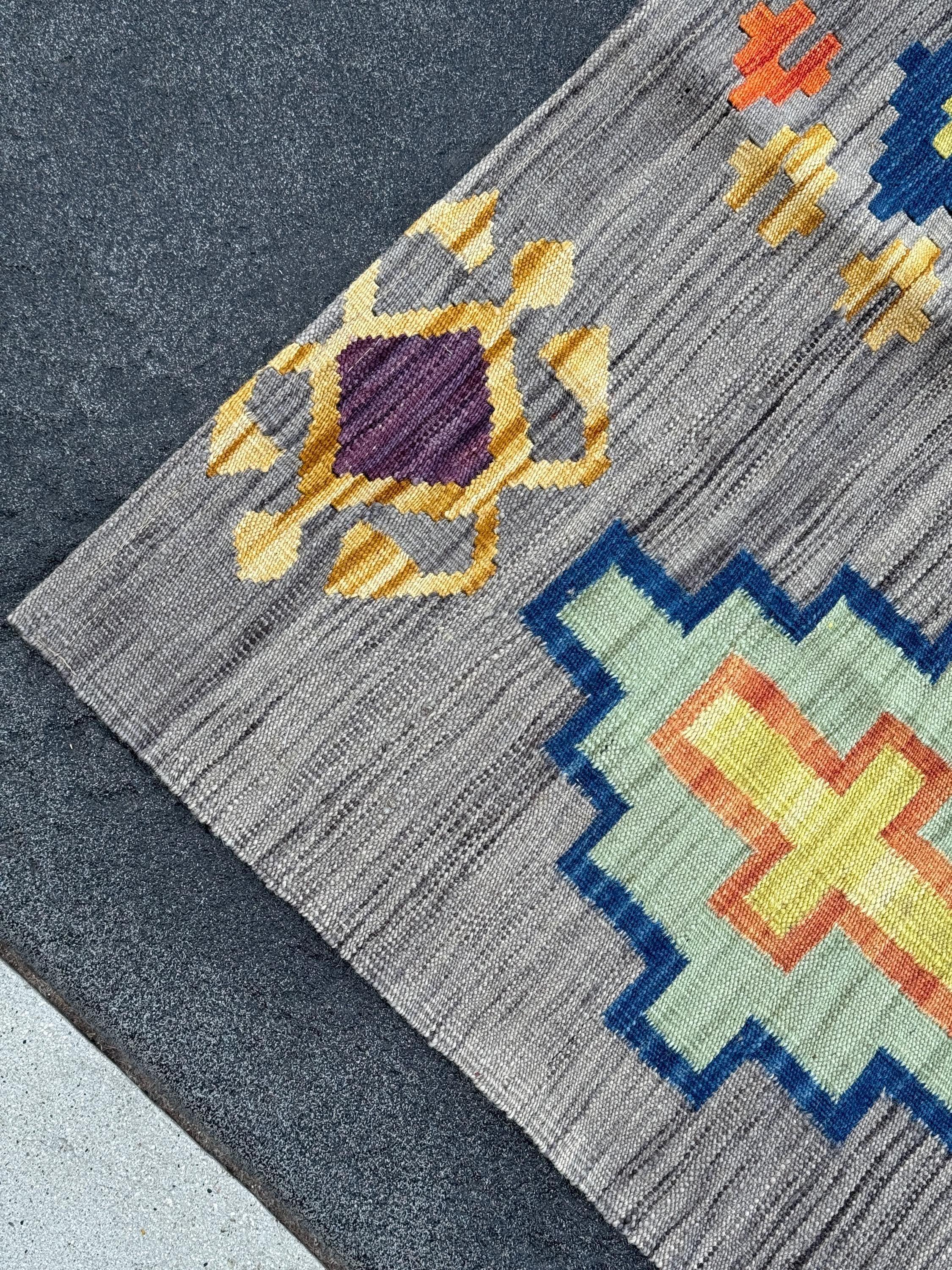 3x5 (91x152) Handmade Afghan Kilim Rug | Grey Charcoal Powder Denim Navy Blue Purple White Cream Yellow Orange Saffron | Wool Flatweave