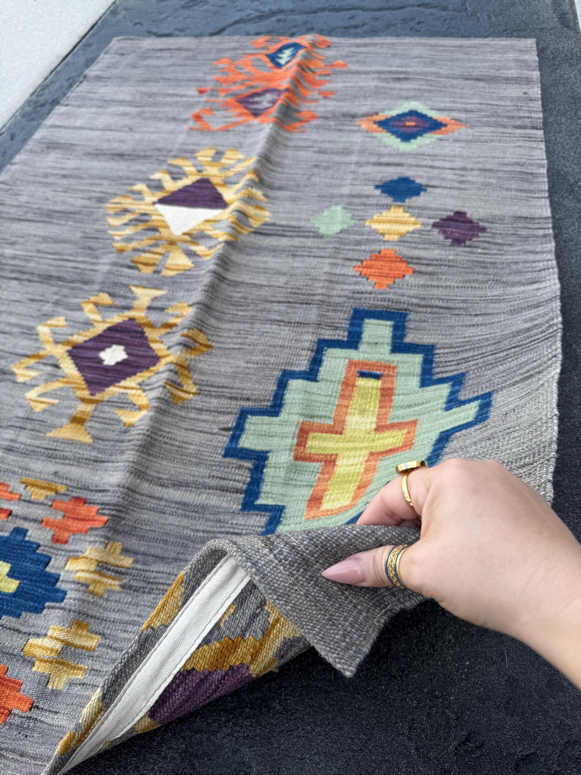 3x5 (91x152) Handmade Afghan Kilim Rug | Grey Charcoal Powder Denim Navy Blue Purple White Cream Yellow Orange Saffron | Wool Flatweave