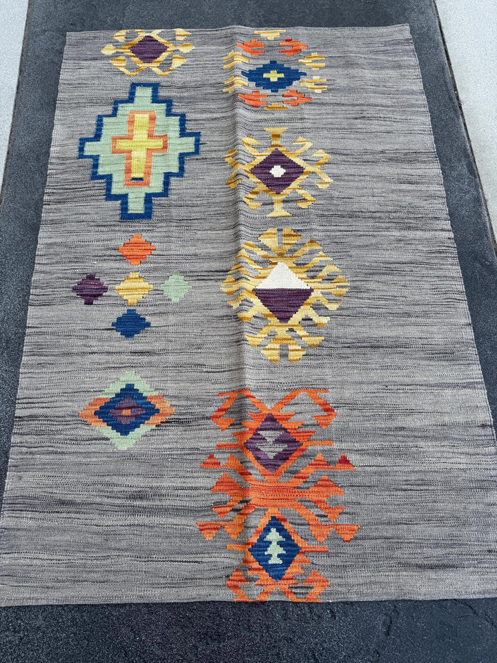 3x5 (91x152) Handmade Afghan Kilim Rug | Grey Charcoal Powder Denim Navy Blue Purple White Cream Yellow Orange Saffron | Wool Flatweave