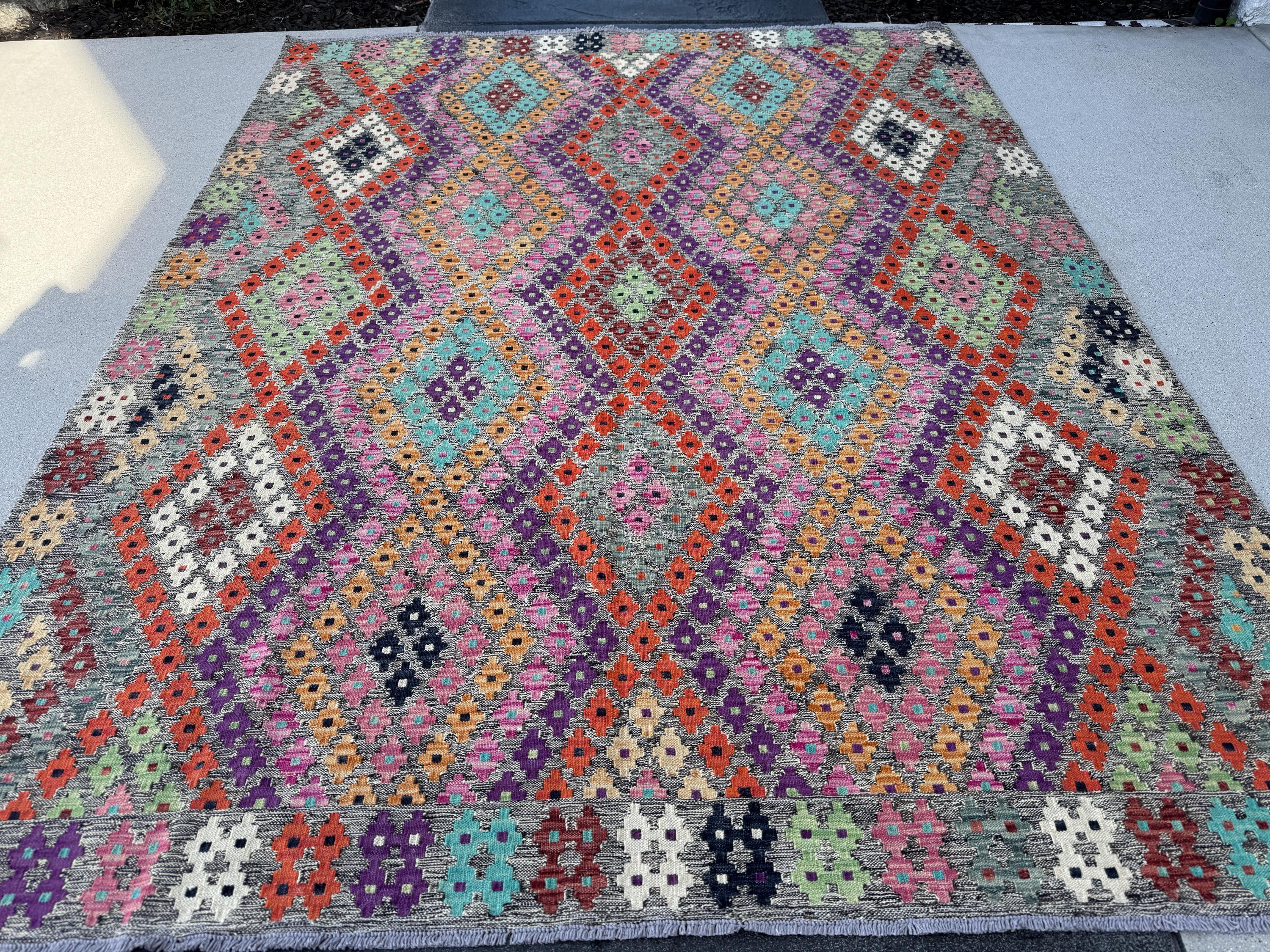 6x8 Handmade Afghan Kilim Runner Rug | Grey Fuchsia Pink Mint Green Aqua Prussian Blue Wine Red Orange White Black Purple Peach Orange Tan