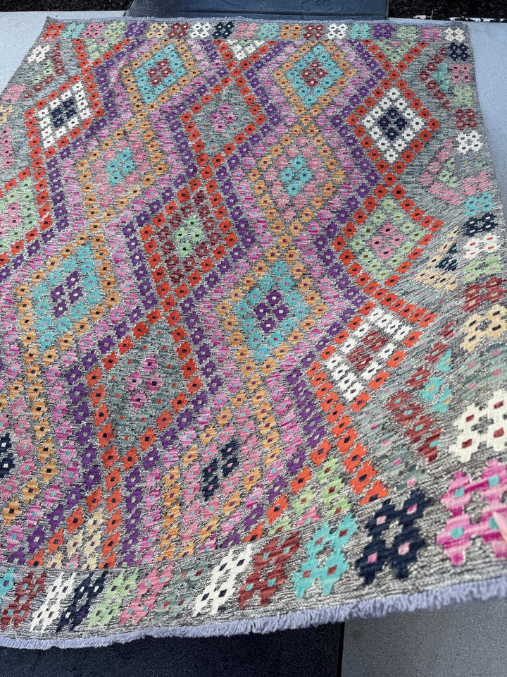 6x8 Handmade Afghan Kilim Runner Rug | Grey Fuchsia Pink Mint Green Aqua Prussian Blue Wine Red Orange White Black Purple Peach Orange Tan