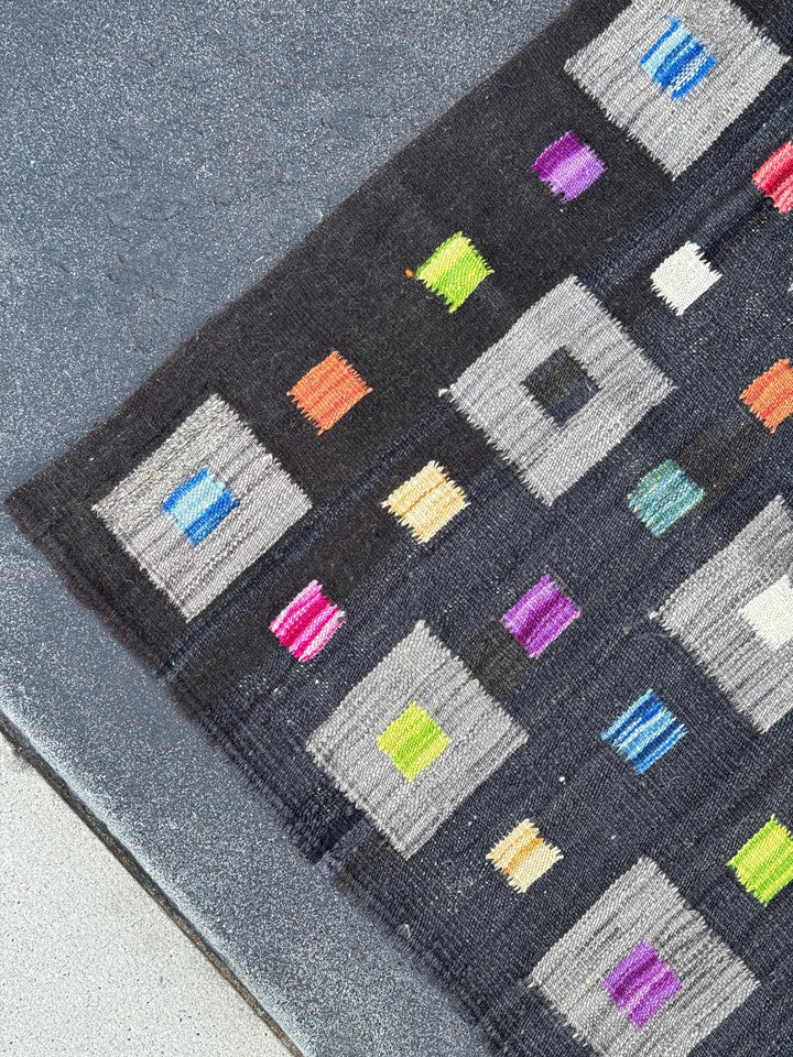 3x5 (91x152) Handmade Afghan Kilim Rug | Black Grey Lime Green Peach Orange Saffron Yellow Cream Denim Teal Blue Fuchsia Pink Purple | Wool