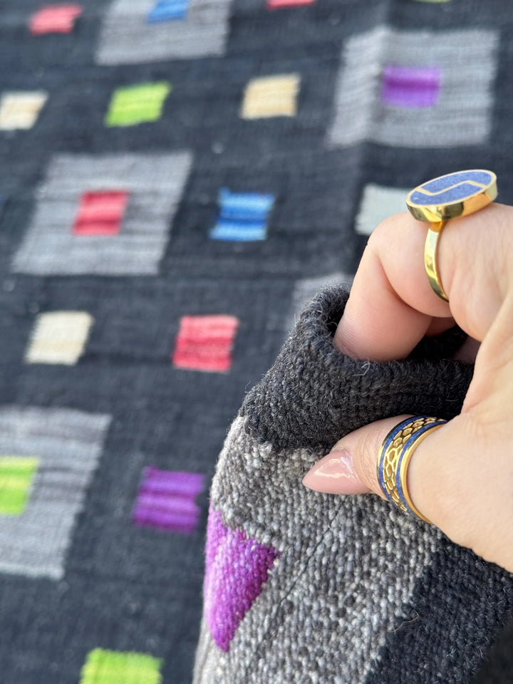 3x5 (91x152) Handmade Afghan Kilim Rug | Black Grey Lime Green Peach Orange Saffron Yellow Cream Denim Teal Blue Fuchsia Pink Purple | Wool