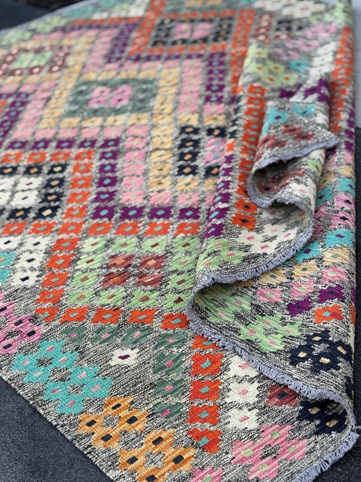 5x7 Handmade Afghan Kilim Runner Rug | Grey Black Cream White Lime Forest Green Saffron Peach Orange Purple Fuchsia Baby Pink Aqua Blue Wine