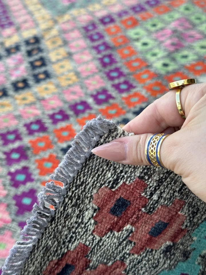 5x7 Handmade Afghan Kilim Runner Rug | Grey Black Cream White Lime Forest Green Saffron Peach Orange Purple Fuchsia Baby Pink Aqua Blue Wine