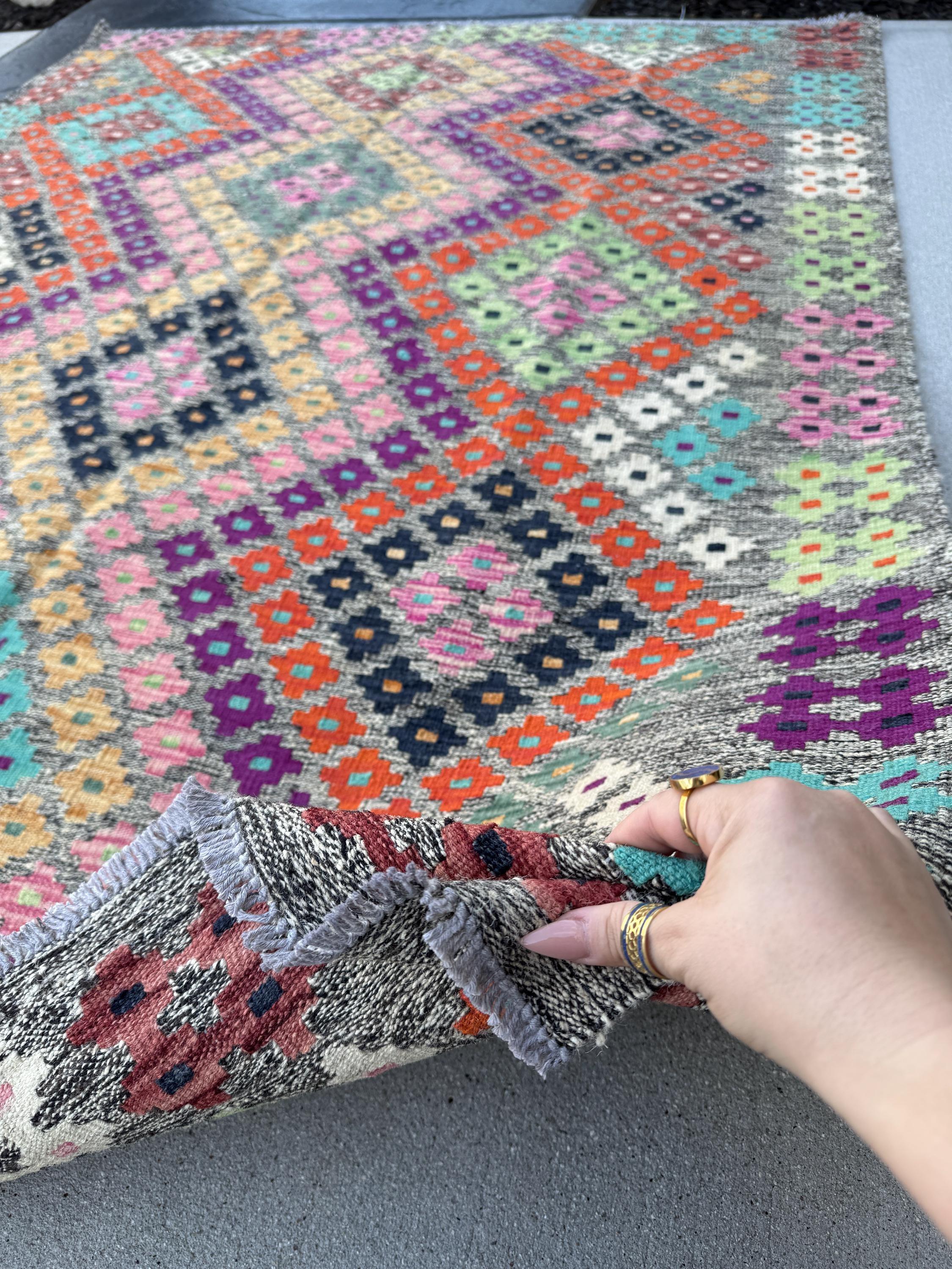 5x7 Handmade Afghan Kilim Runner Rug | Grey Black Cream White Lime Forest Green Saffron Peach Orange Purple Fuchsia Baby Pink Aqua Blue Wine