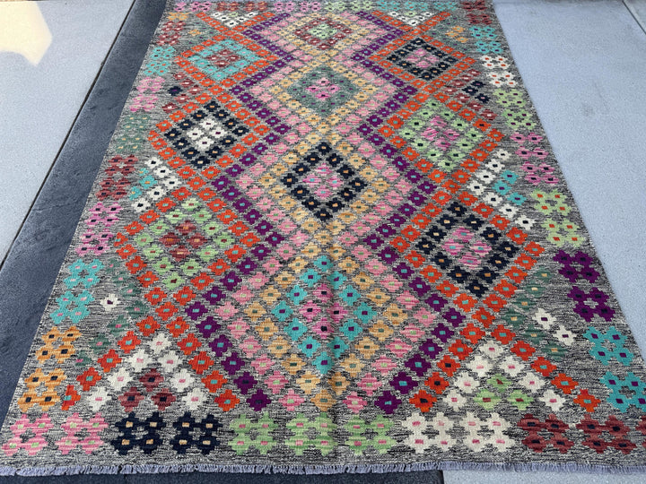 5x7 Handmade Afghan Kilim Runner Rug | Grey Black Cream White Lime Forest Green Saffron Peach Orange Purple Fuchsia Baby Pink Aqua Blue Wine