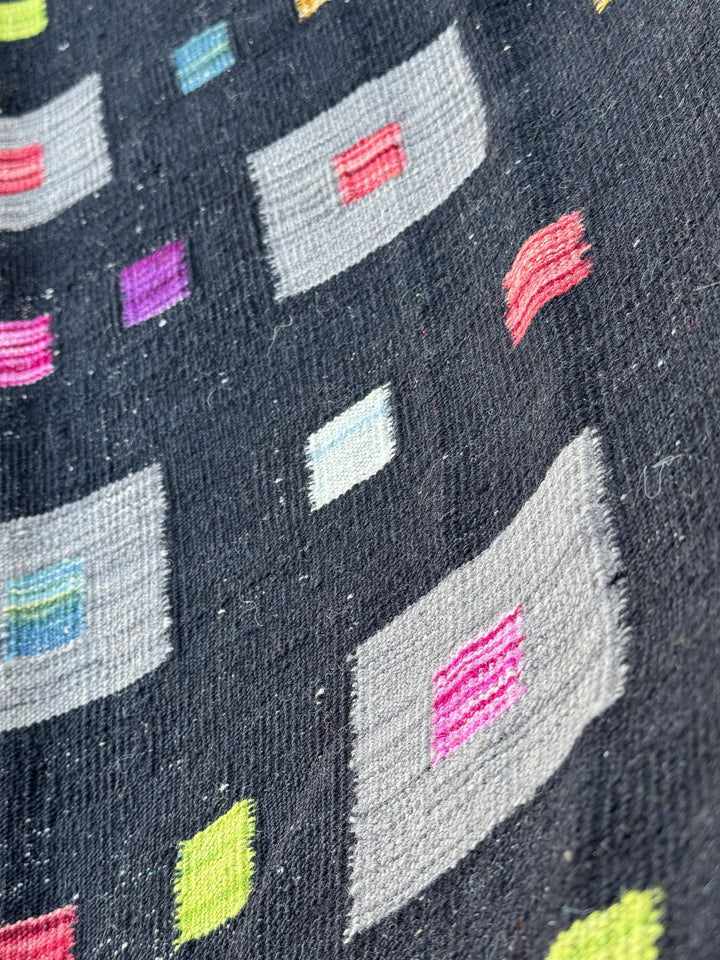 5x6 (152x182) Handmade Afghan Kilim Rug | Black Grey Lime Green Peach Orange Saffron Yellow Cream Denim Teal Blue Fuchsia Pink Purple | Wool