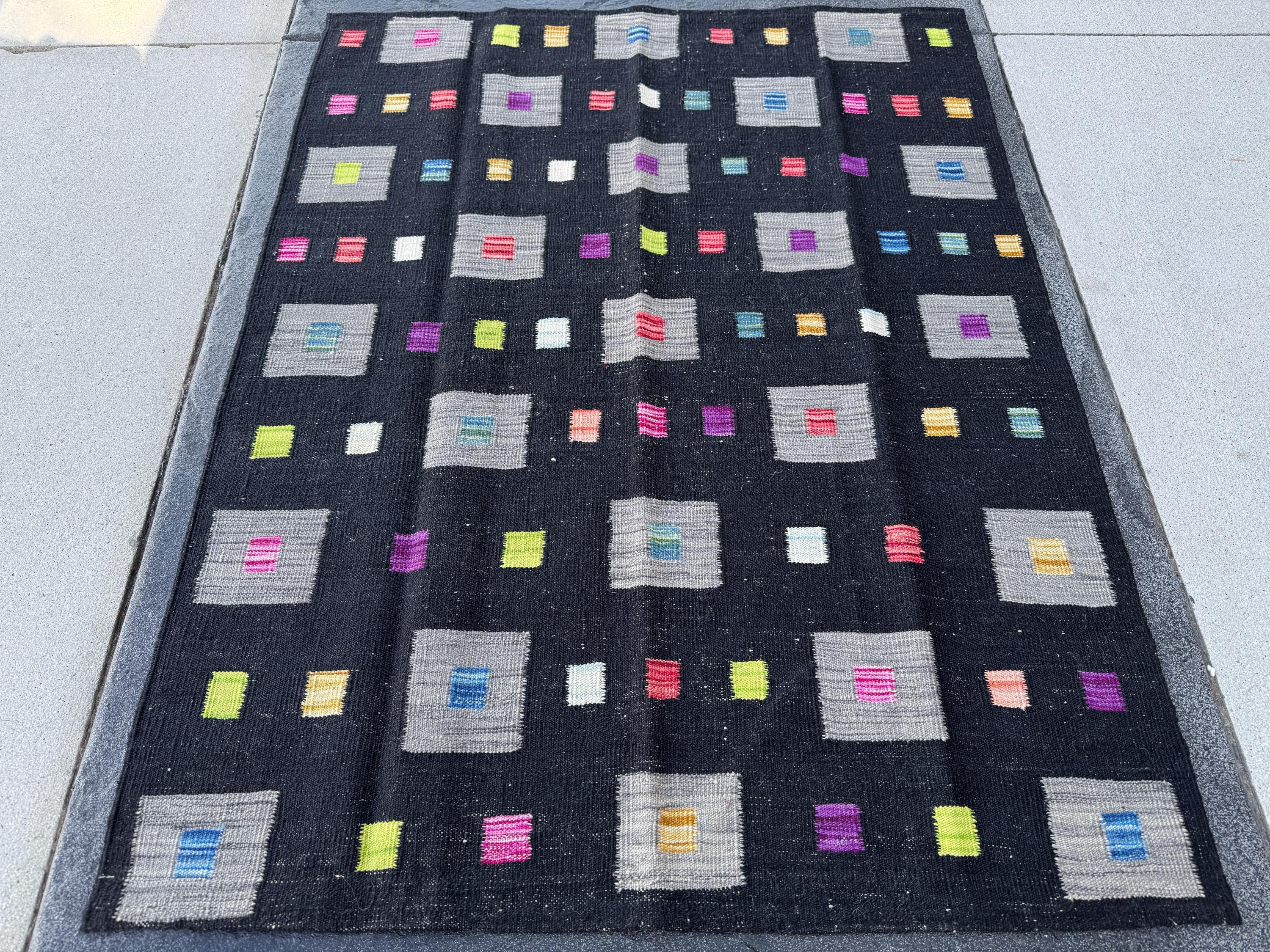 5x6 (152x182) Handmade Afghan Kilim Rug | Black Grey Lime Green Peach Orange Saffron Yellow Cream Denim Teal Blue Fuchsia Pink Purple | Wool