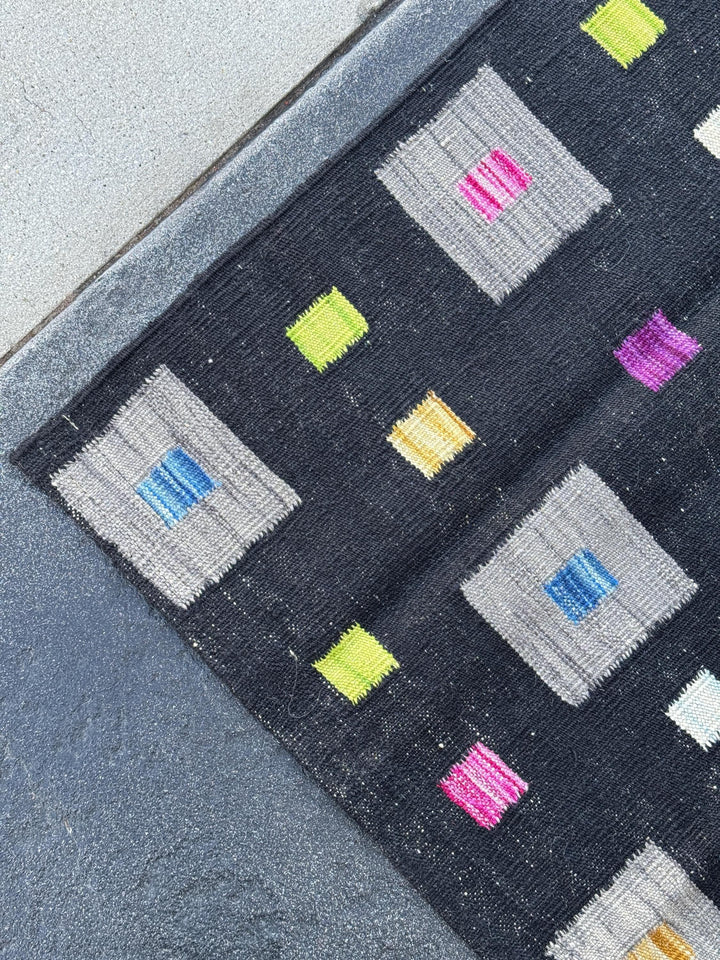 4x5 (121x152) Handmade Afghan Kilim Rug | Black Grey Lime Green Peach Orange Saffron Yellow Cream Denim Teal Blue Fuchsia Pink Purple | Wool