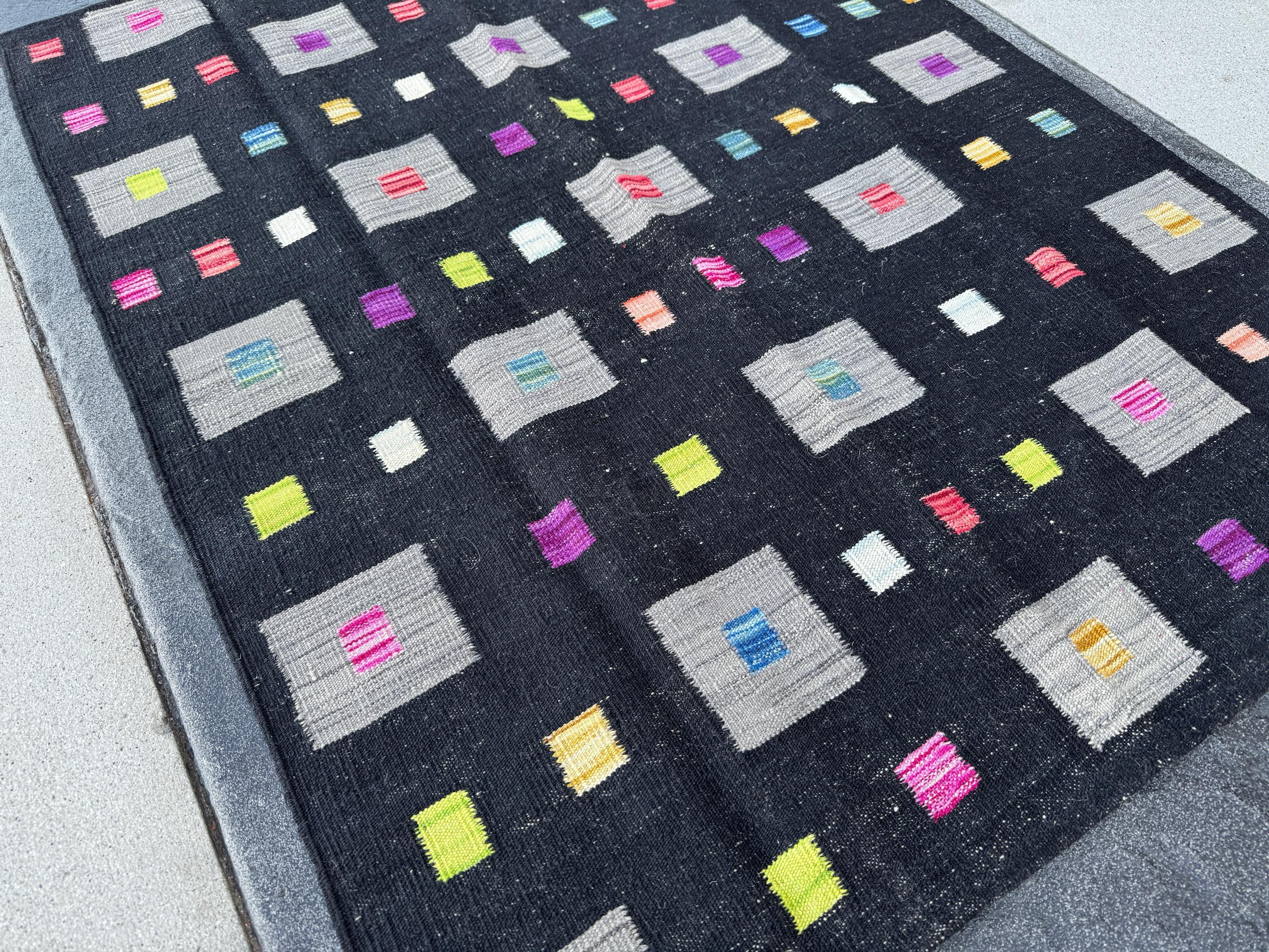 4x5 (121x152) Handmade Afghan Kilim Rug | Black Grey Lime Green Peach Orange Saffron Yellow Cream Denim Teal Blue Fuchsia Pink Purple | Wool