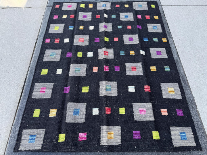 4x5 (121x152) Handmade Afghan Kilim Rug | Black Grey Lime Green Peach Orange Saffron Yellow Cream Denim Teal Blue Fuchsia Pink Purple | Wool