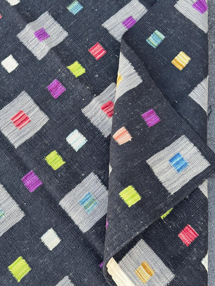 4x5 (121x152) Handmade Afghan Kilim Rug | Black Grey Lime Green Peach Orange Saffron Yellow Cream Denim Teal Blue Fuchsia Pink Purple | Wool