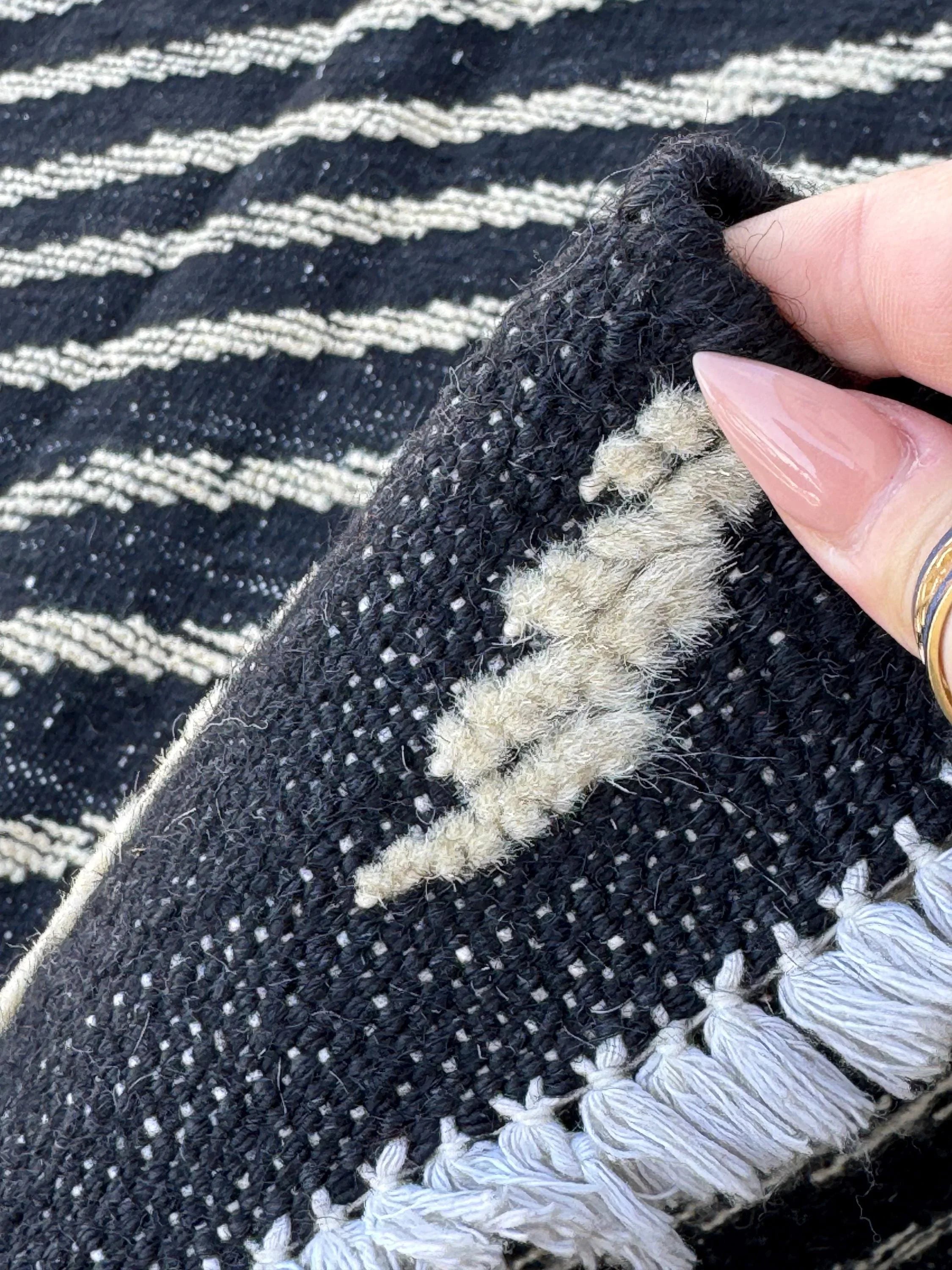 4x6 (121x182) Handmade Afghan Moroccan Rug | Black White Ivory Cream | Wool Plush Hand Knotted Minimalist Contemporary Shag