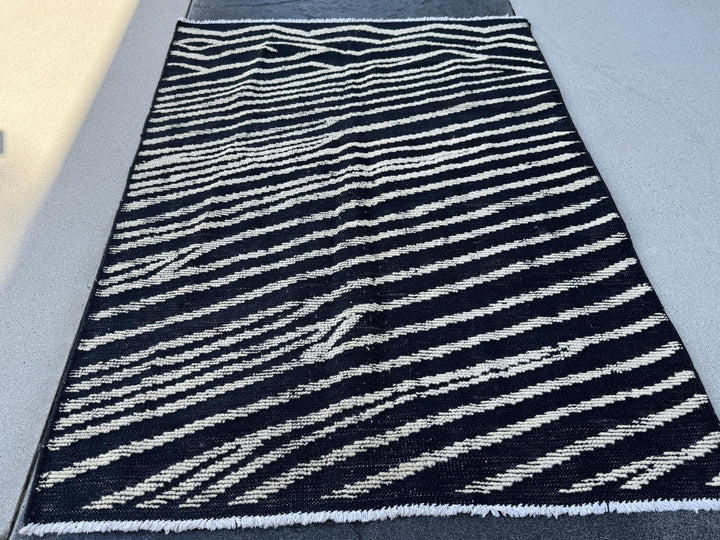 4x6 (121x182) Handmade Afghan Moroccan Rug | Black White Ivory Cream | Wool Plush Hand Knotted Minimalist Contemporary Shag