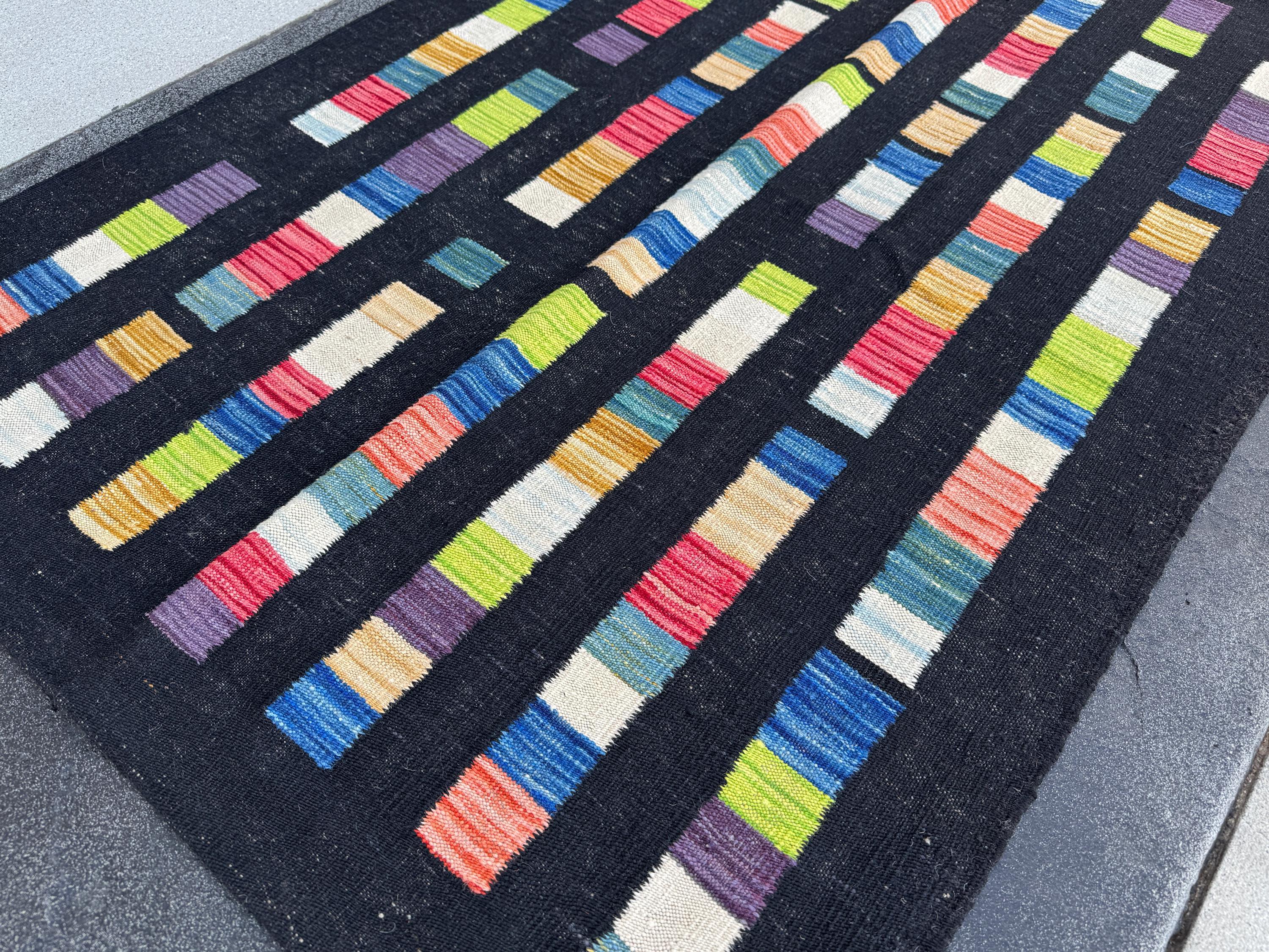 3x5 (91x152) Handmade Afghan Kilim Rug | Black Denim Teal Blue White Cream Peach Burnt Orange Blush Salmon Pink Purple Lime Green Red | Wool