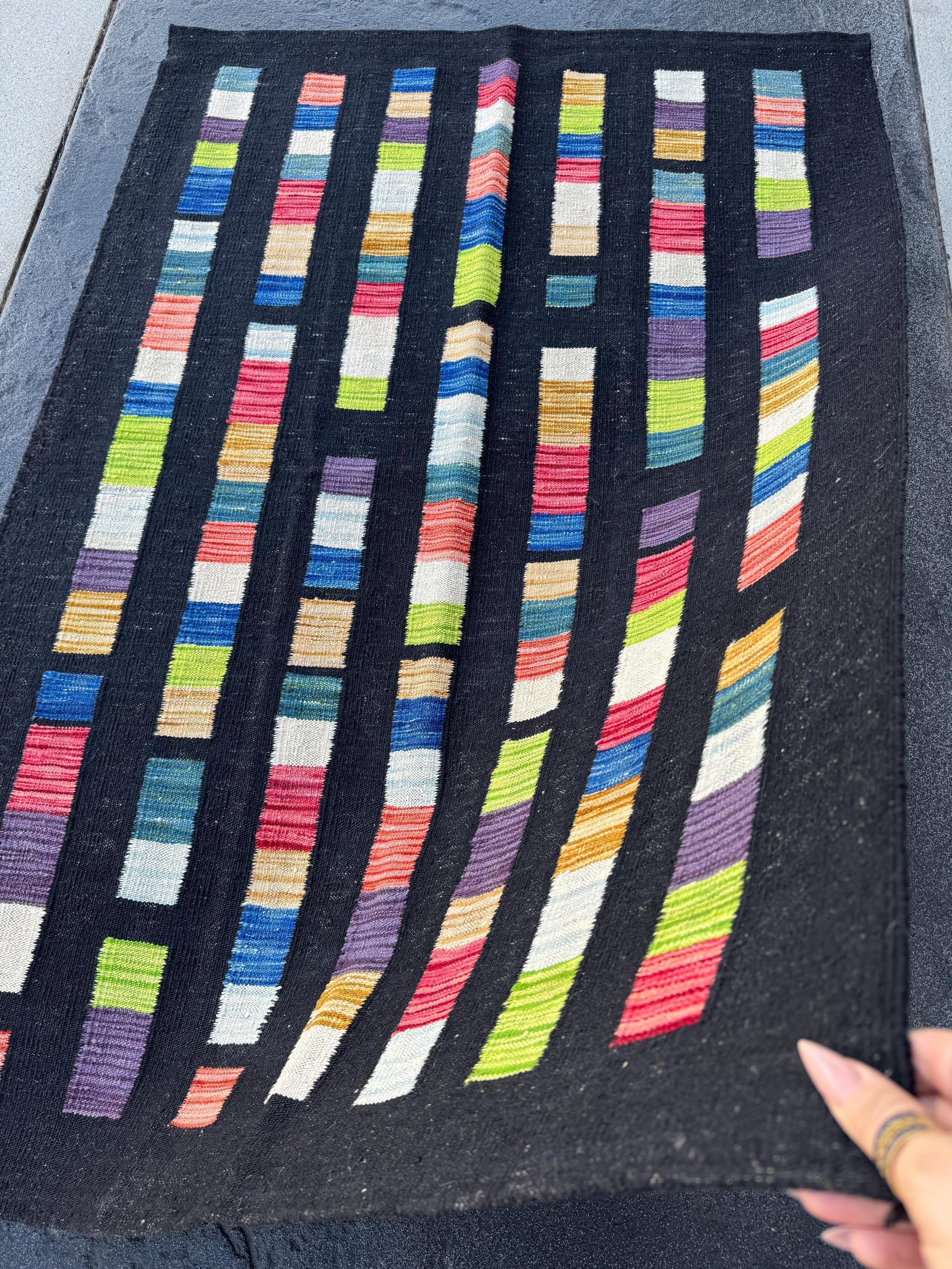 3x5 (91x152) Handmade Afghan Kilim Rug | Black Denim Teal Blue White Cream Peach Burnt Orange Blush Salmon Pink Purple Lime Green Red | Wool