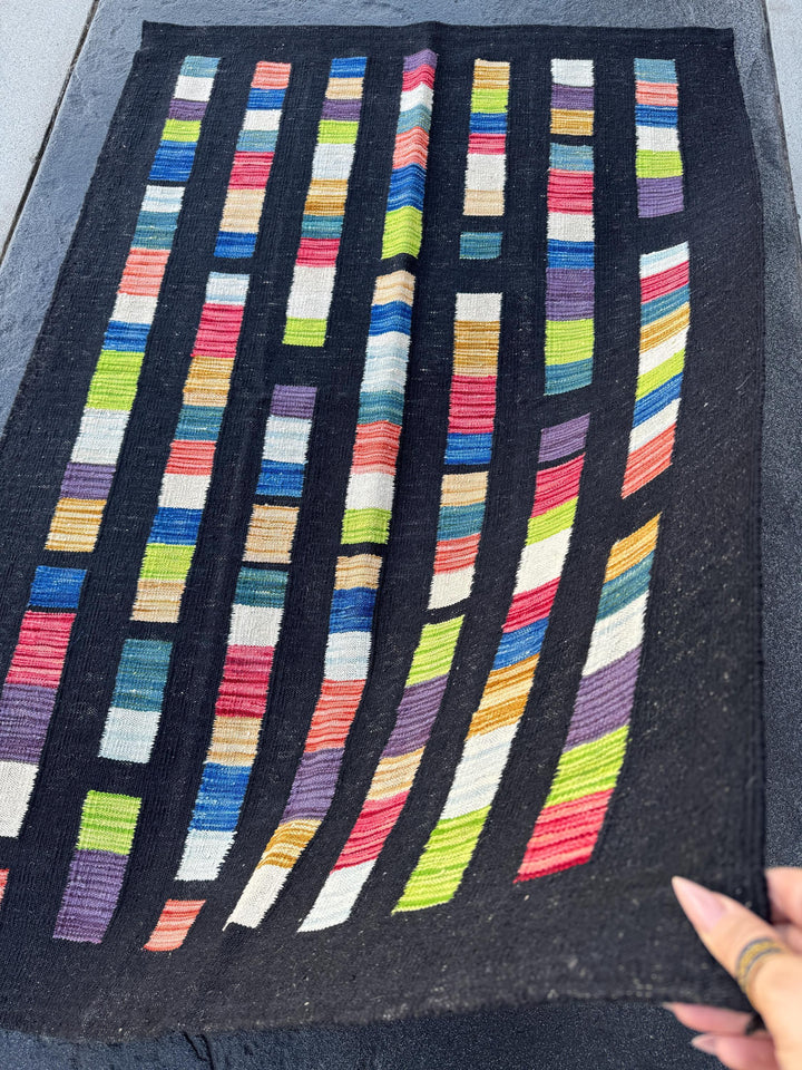 3x5 (91x152) Handmade Afghan Kilim Rug | Black Denim Teal Blue White Cream Peach Burnt Orange Blush Salmon Pink Purple Lime Green Red | Wool