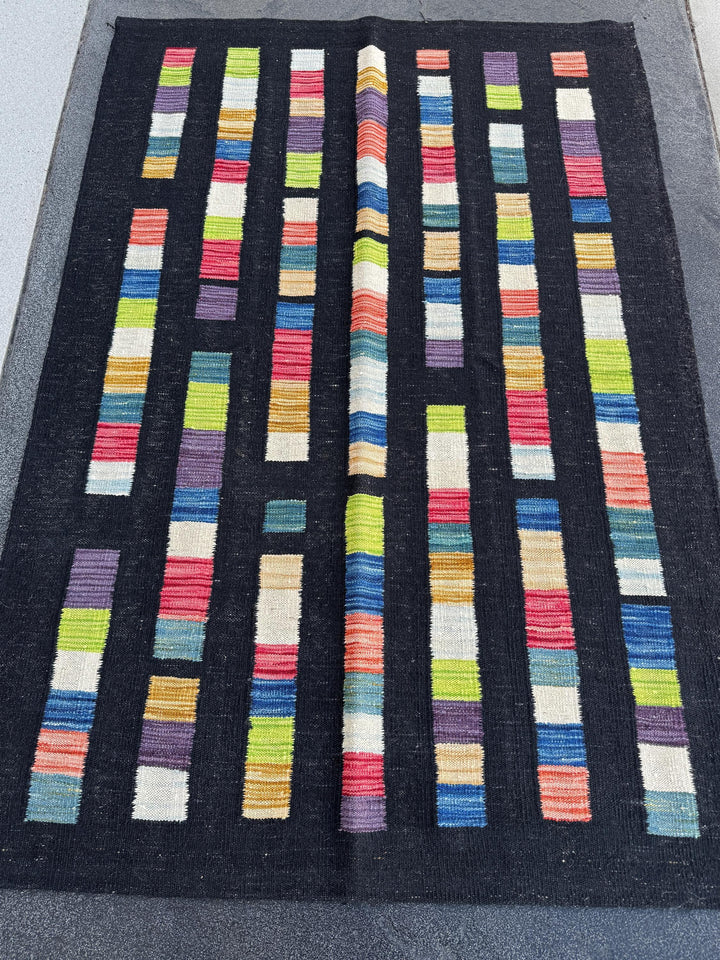 3x5 (91x152) Handmade Afghan Kilim Rug | Black Denim Teal Blue White Cream Peach Burnt Orange Blush Salmon Pink Purple Lime Green Red | Wool