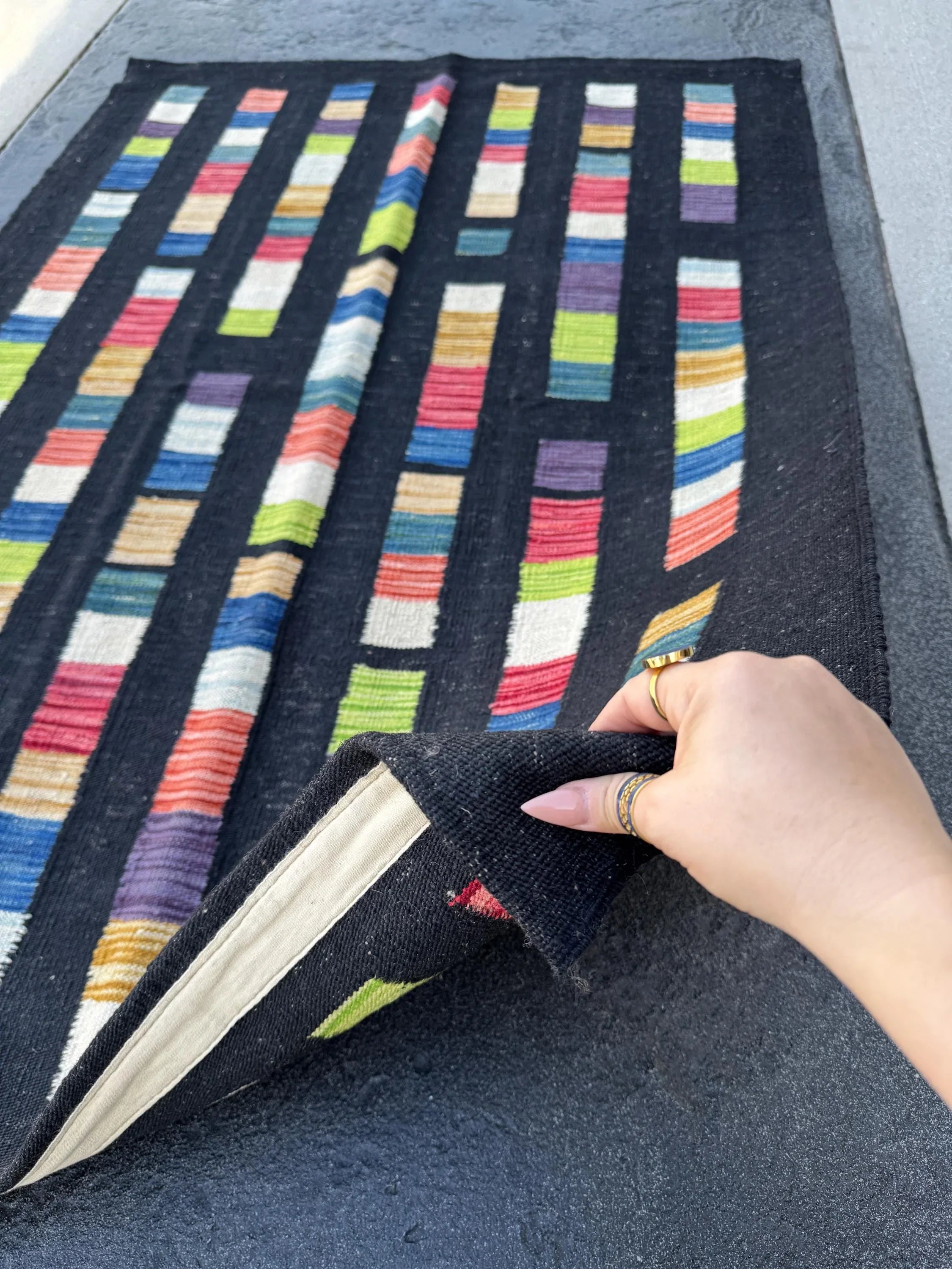 3x5 (91x152) Handmade Afghan Kilim Rug | Black Denim Teal Blue White Cream Peach Burnt Orange Blush Salmon Pink Purple Lime Green Red | Wool