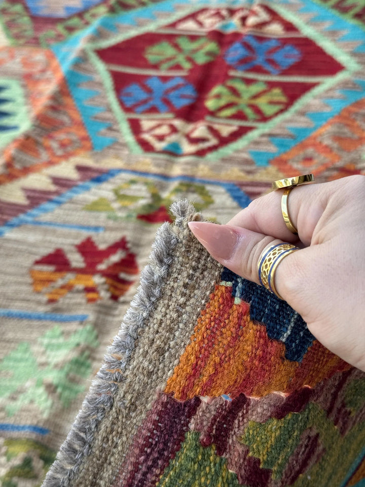 3x6 Handmade Afghan Kilim Runner Rug | Tan Saffron Orange Burnt Cream Crimson Wine Red Taupe Burgundy Pine Olive Green Teal Aqua Denim Blue